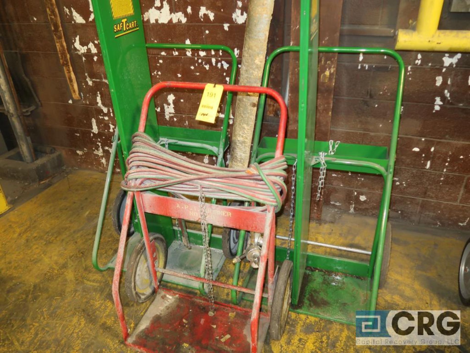 Lot of (3) acetylene carts, (2) Saftcart (no hose and gauge), and (1) with hose and gauge (Rigging