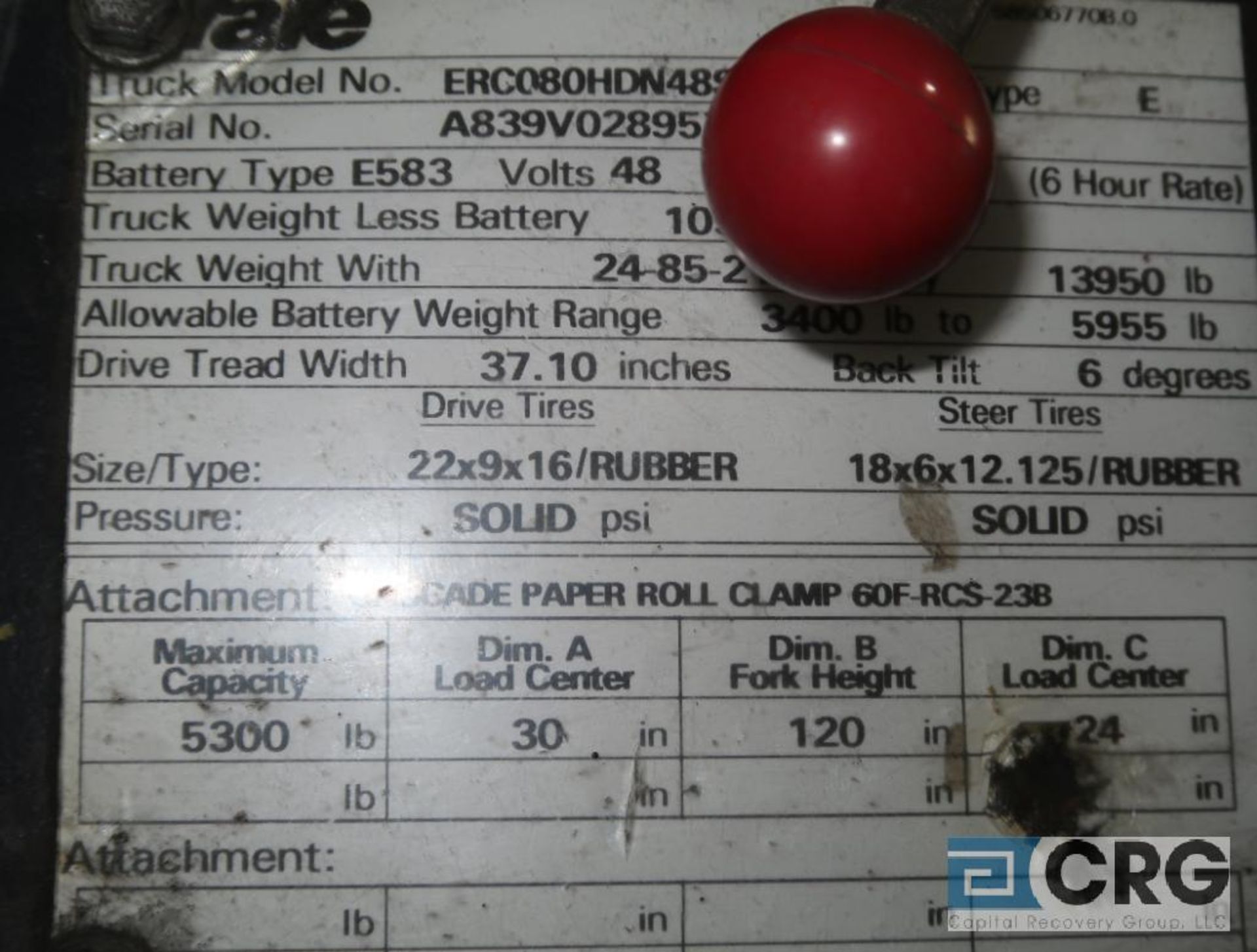 Yale 5300 lb capacity electric forklift, model ERC080HDN48SF084, 48 volt, mast height 120 in., - Image 4 of 5