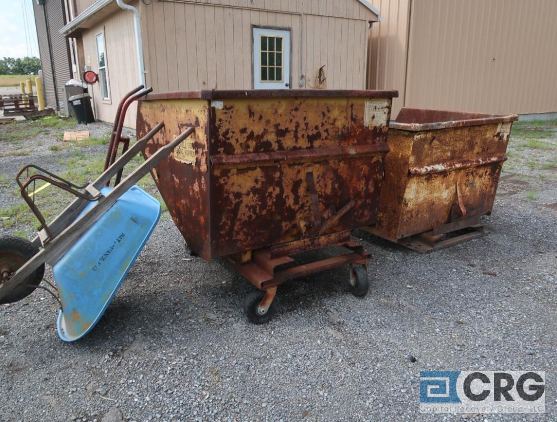 Lot of (4) miscellaneous items including (2) dumper hoppers, (1) hand truck, and (1) wheelbarrow (