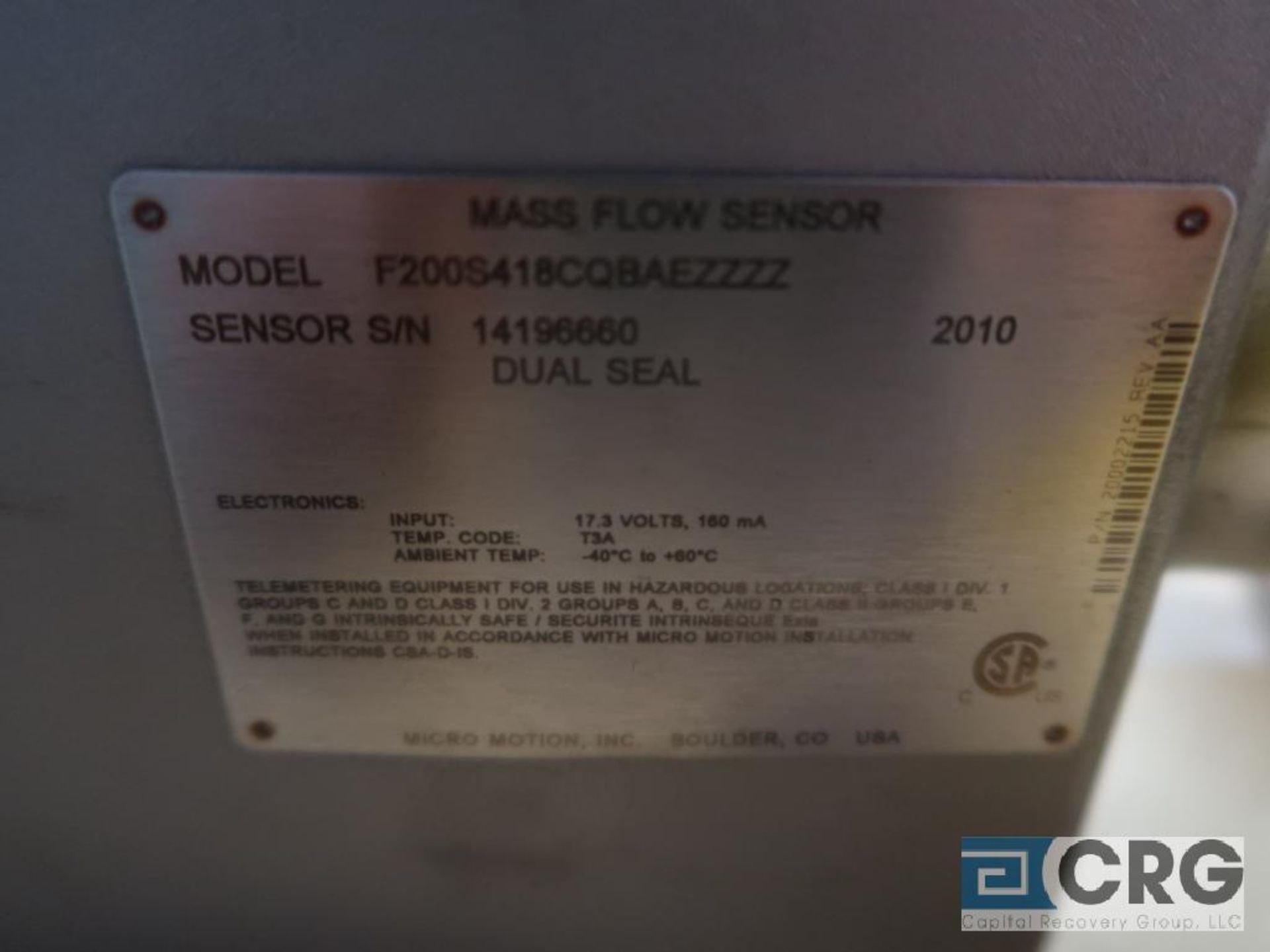 Micro Motion F200S418CQBAEZZZZ stainless 2 in. mass flow sensor, flow cal. 1556.34.56, s/n - Image 2 of 2