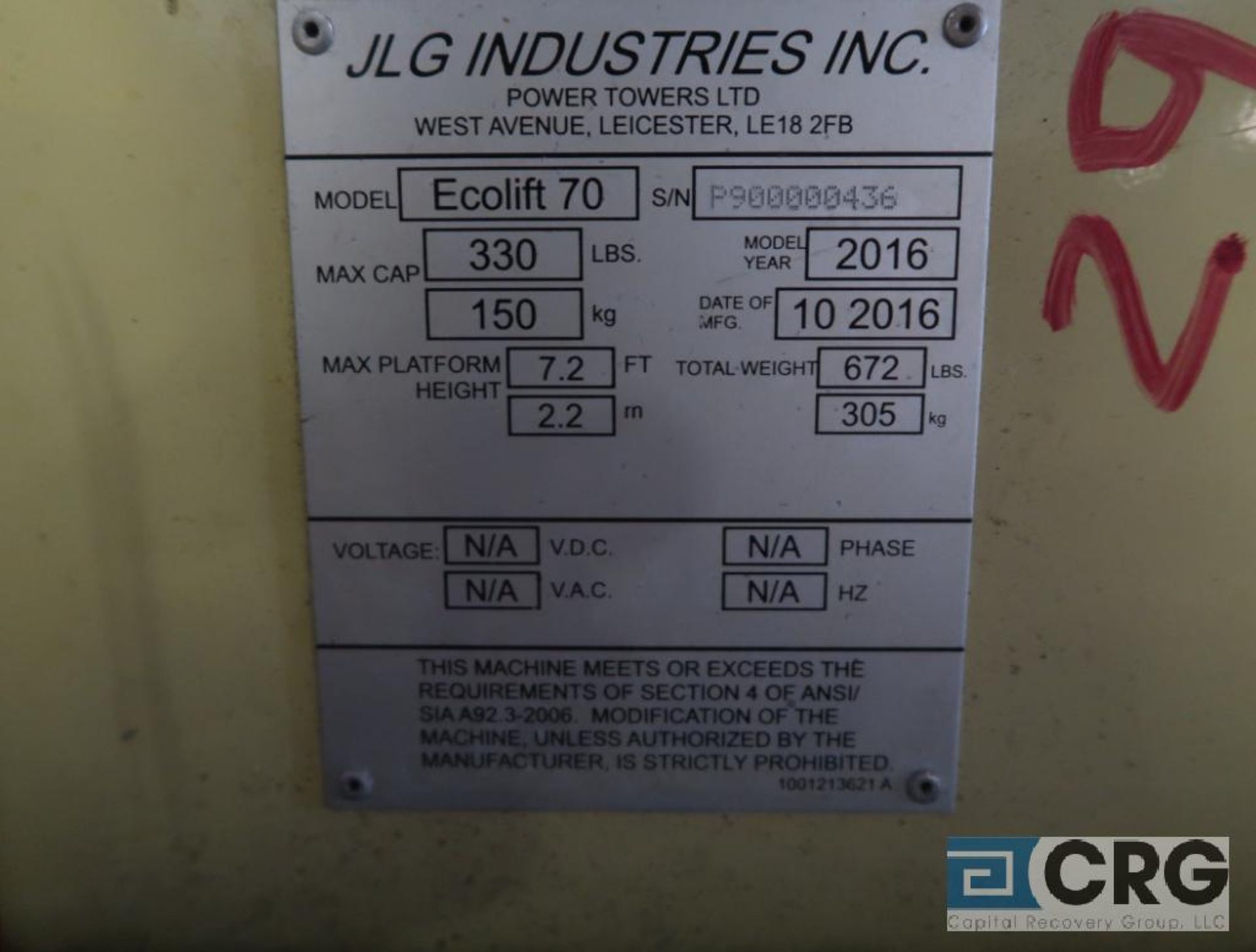 2016 JLG ECO 70 manlift, 330 lb. cap., platform height 7.2 ft., manual, s/n P900000436 (Lower Wood - Image 2 of 2