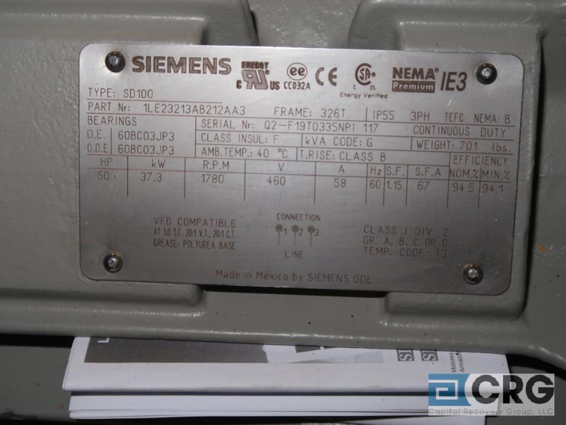 Siemans 50 HP motor, 460V, 3 Ph., 1780 RPM, Frame 326T (Loading Area) - Image 2 of 2