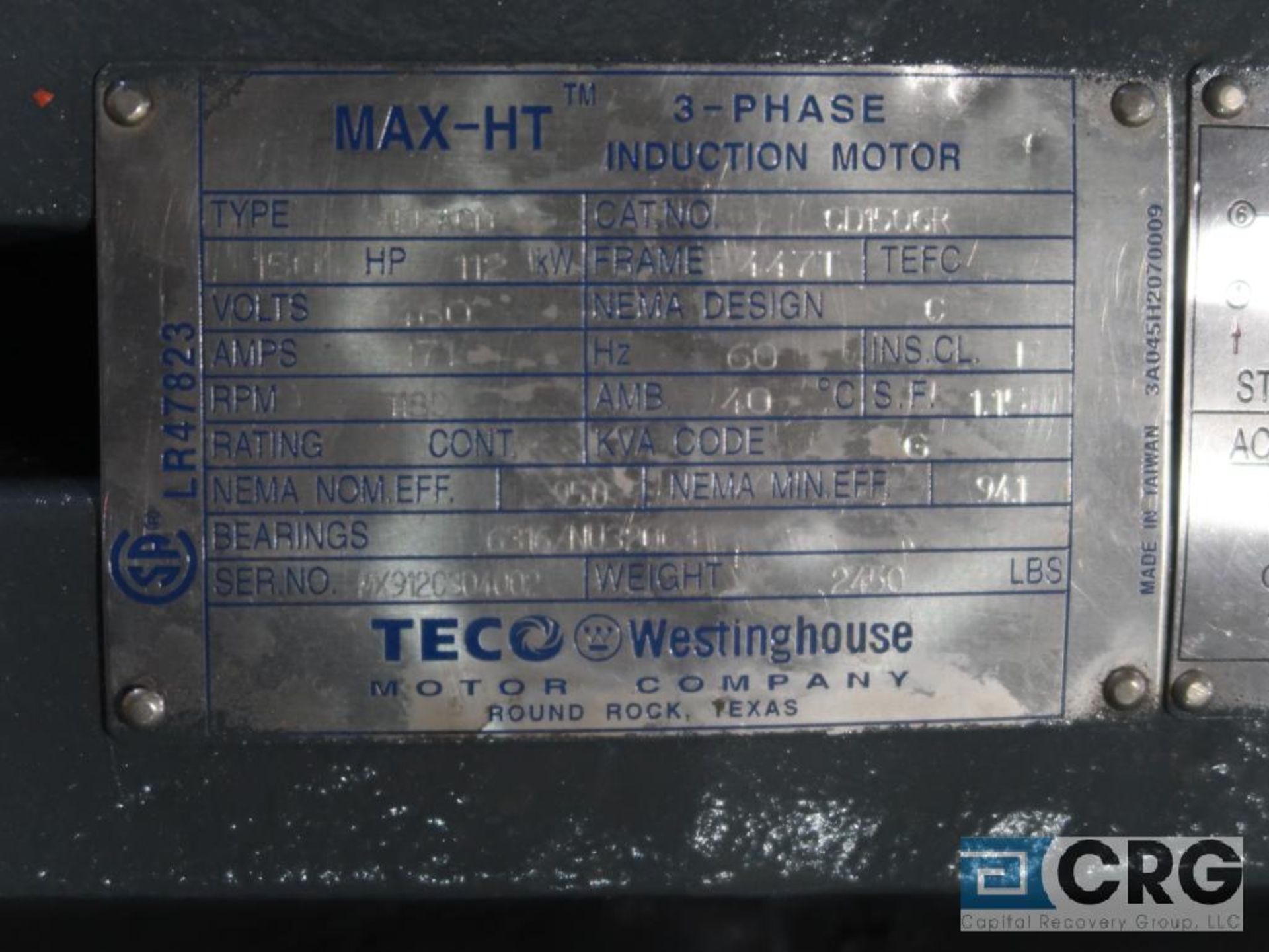 Teco Westinghouse MAX-HT motor, 150 HP, 1,180 RPMs, 460 volt, 3 ph., 447T frame (Finish Building) - Image 2 of 2