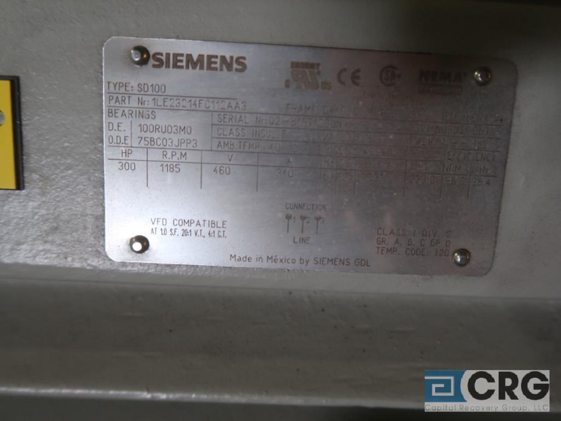 Siemens electric motor, 300 HP, 1,185 RPMs, 460 volt, 3 ph., S449LS frame (Finish Building) - Image 2 of 2