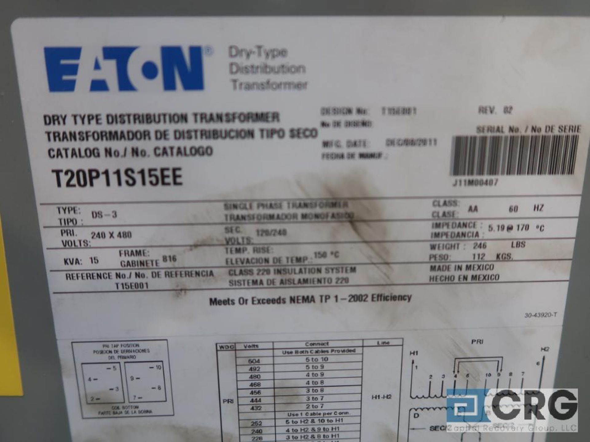 Eaton distribution transformer, 15 KVA, 240/480 volt, s/n J11M00407 (Finish Building) - Image 2 of 2