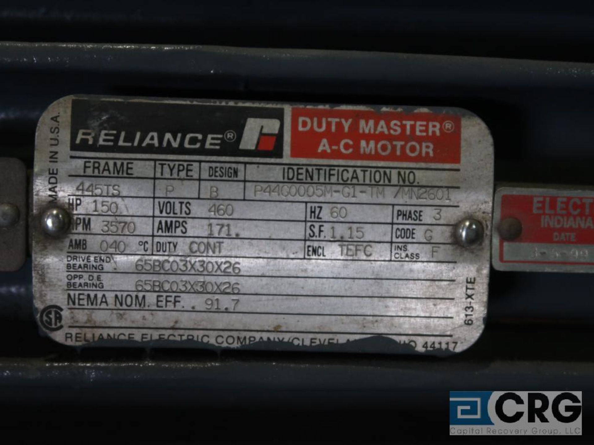 Reliance Duty Master A-C motor, 150 HP, 3,570 RPMs, 460 volt, 3ph., 445TS frame (Finish Building) - Image 2 of 2