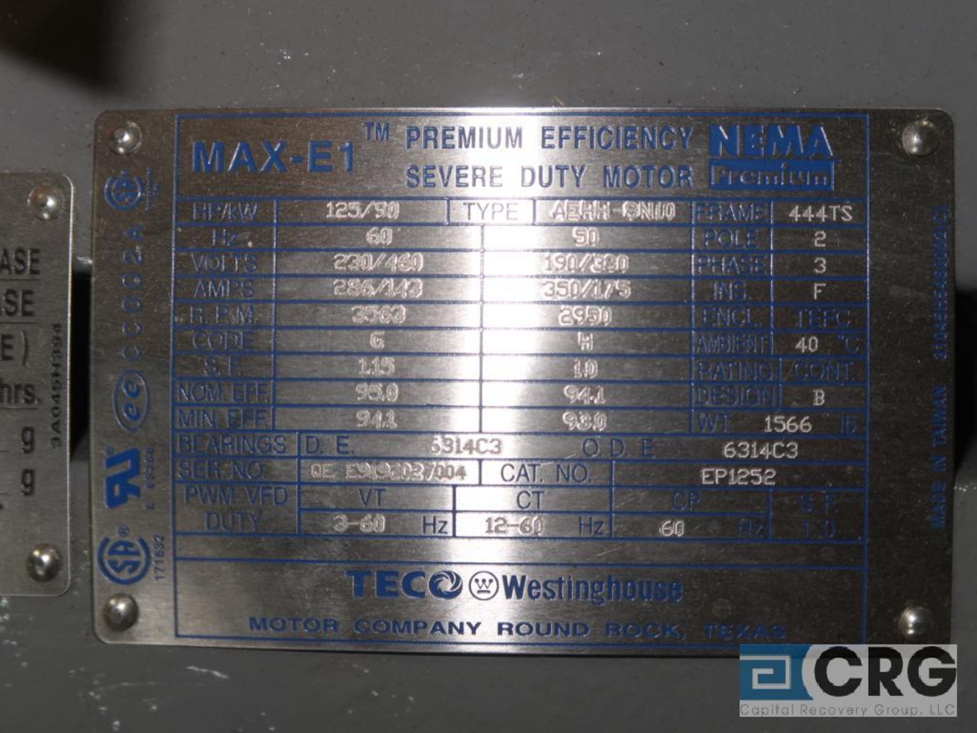 Teco Westinghouse MAX-E1 motor, 125 HP, 3,563 RPMs, 230/460 volt, 3 ph., 444 TS frame (Finish - Image 2 of 2