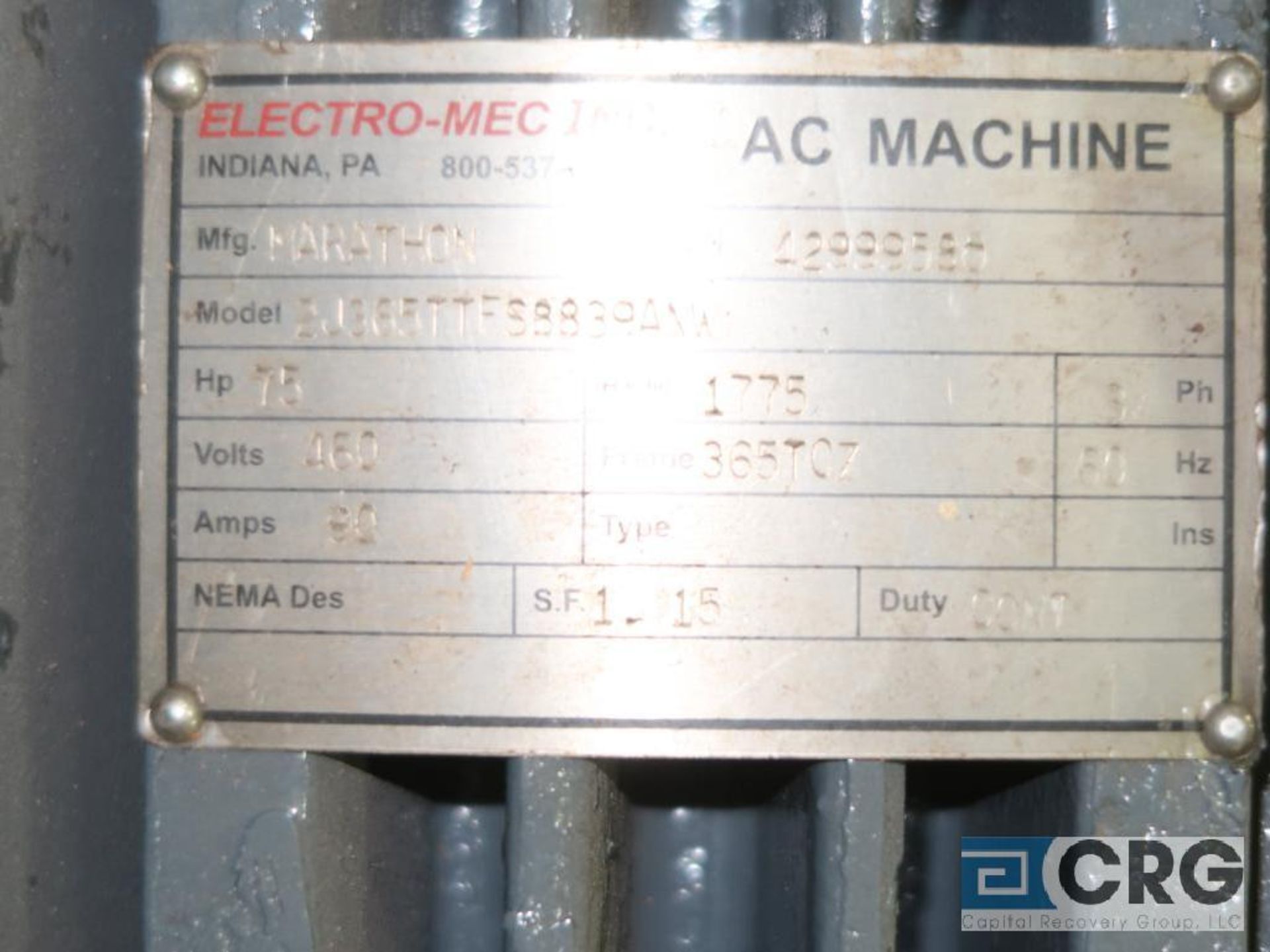 Marathon AC machine motor, 75 HP, 1,775 RPMs, 460 volt, 3 ph., 365TCZ frame (Finish Building) - Image 2 of 2
