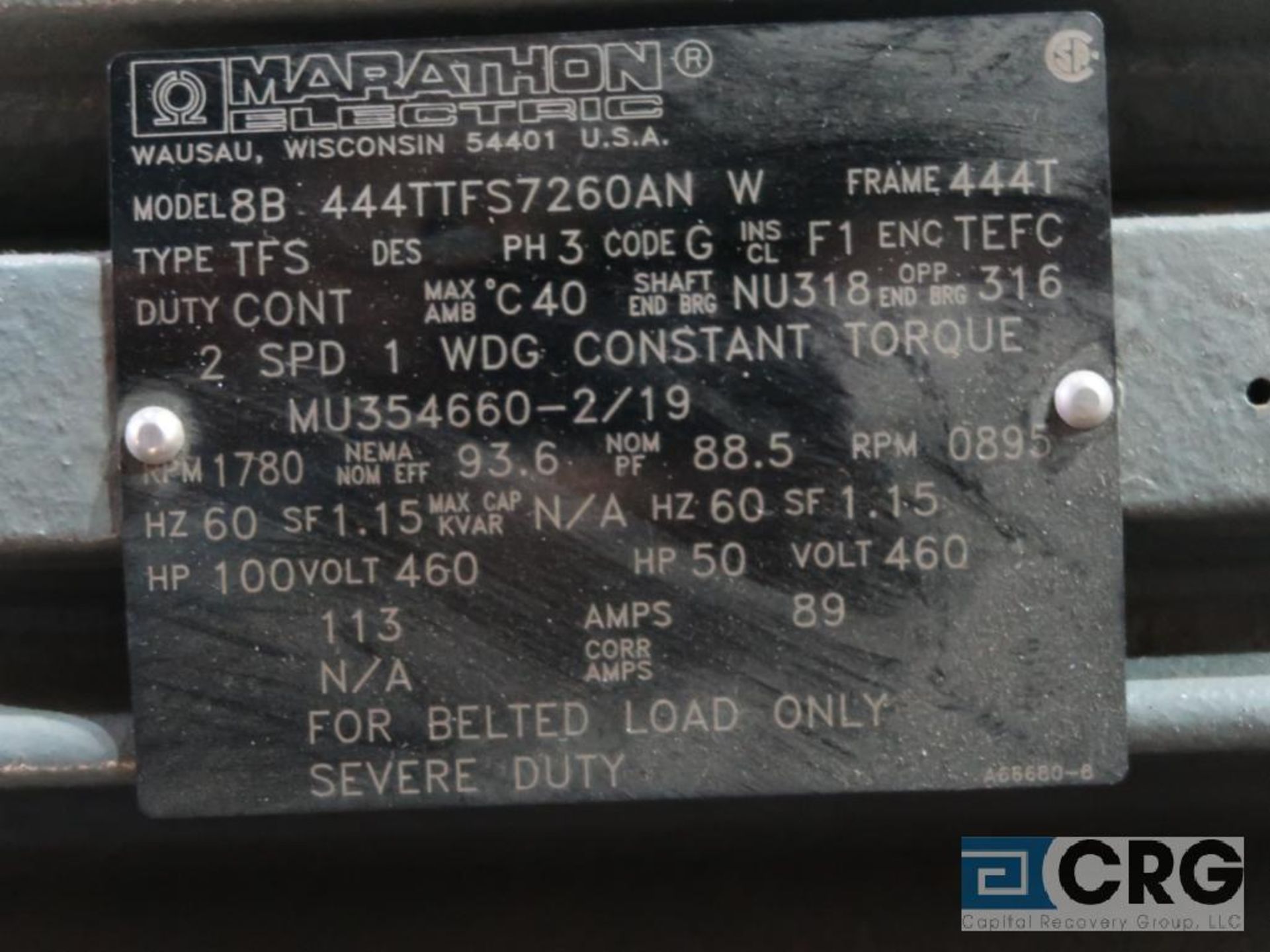 Marathon electric motor, 100/50 HP, 1,780 RPMs, 460 volt, 3 ph., 444T frame (Finish Building) - Image 2 of 2