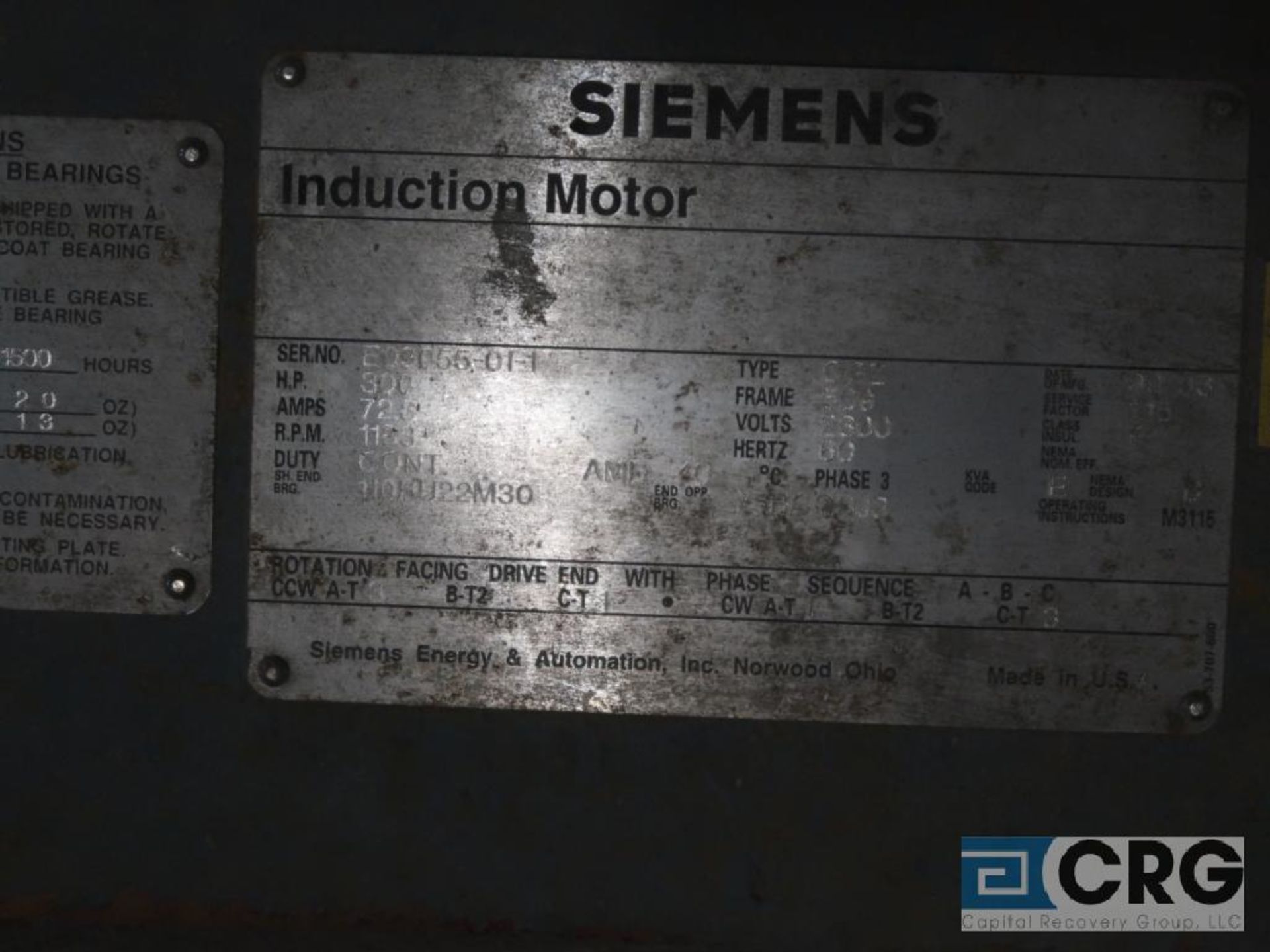 Siemens motor, 300 HP, 1,183 RPM, 2,300 volts, frame 509, equipment #E00828 (496 Dock Area) - Image 2 of 2