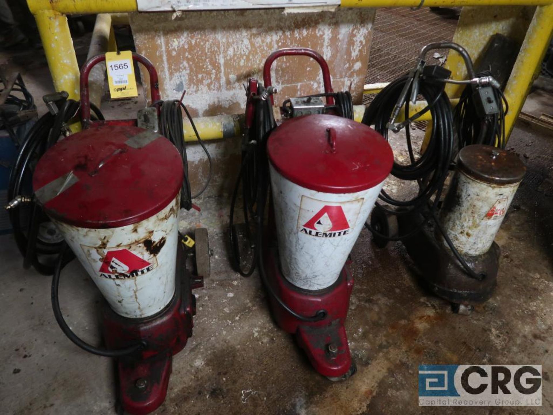 Lot of (3) assorted Alemite grease pots, electric pump (496 Dock Area)