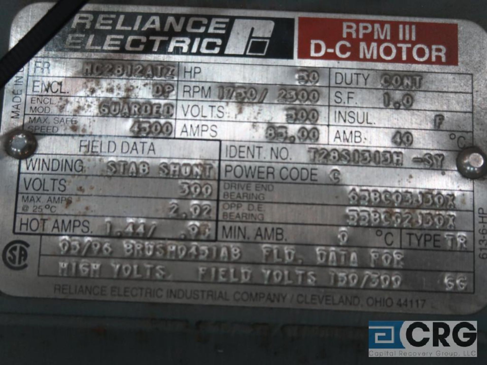 Reliance Electric RPM III D-C motor, 50 HP, 1,750/2,300 RPMs, 500 volt, 3 ph., HC2812ATZ frame ( - Image 2 of 2