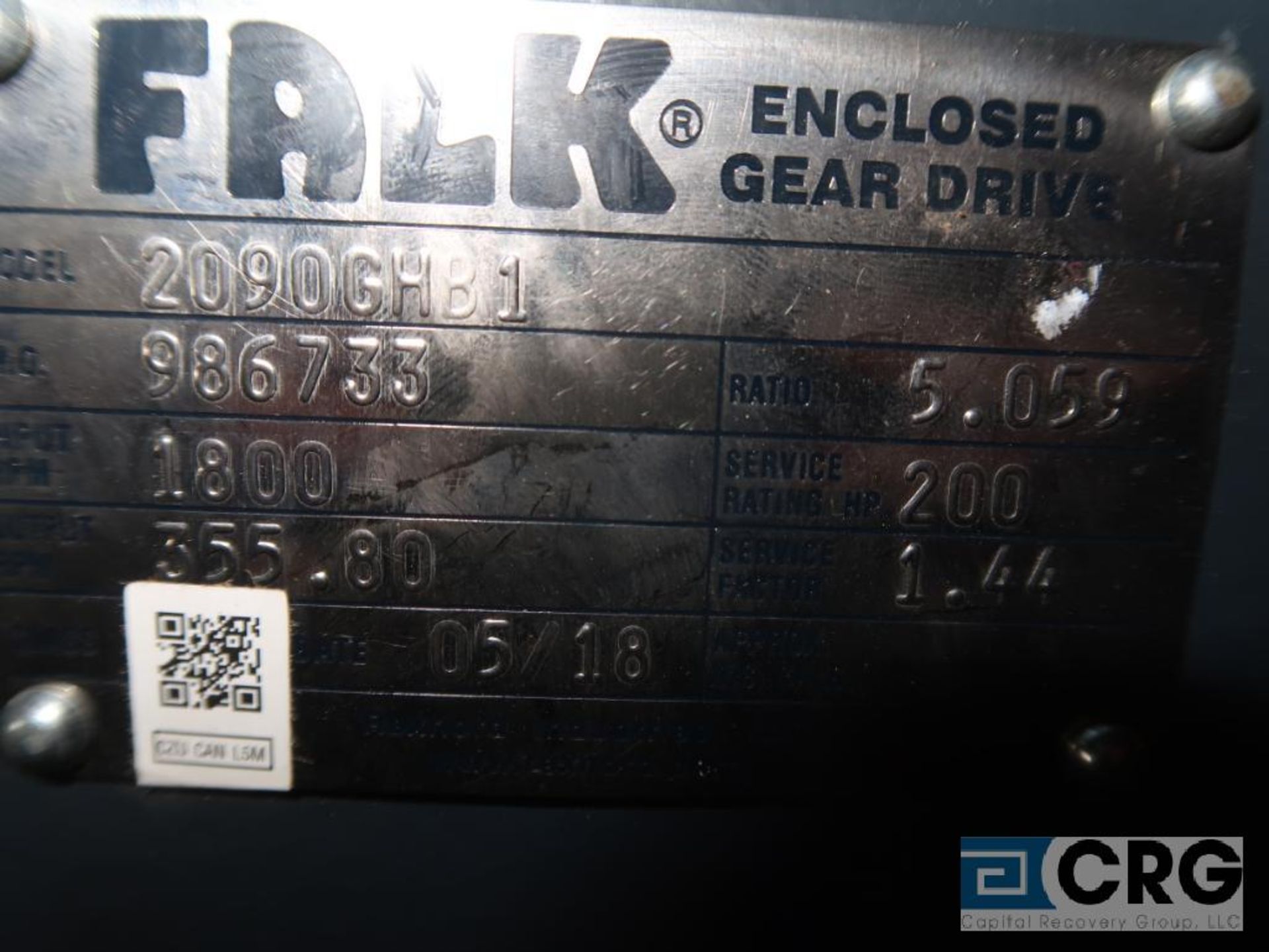 Falk 2090 GHB1 gear drive, ratio-5.059, input RPM 1,800, output RPM 355.18, service rate HP. 200, - Image 3 of 3