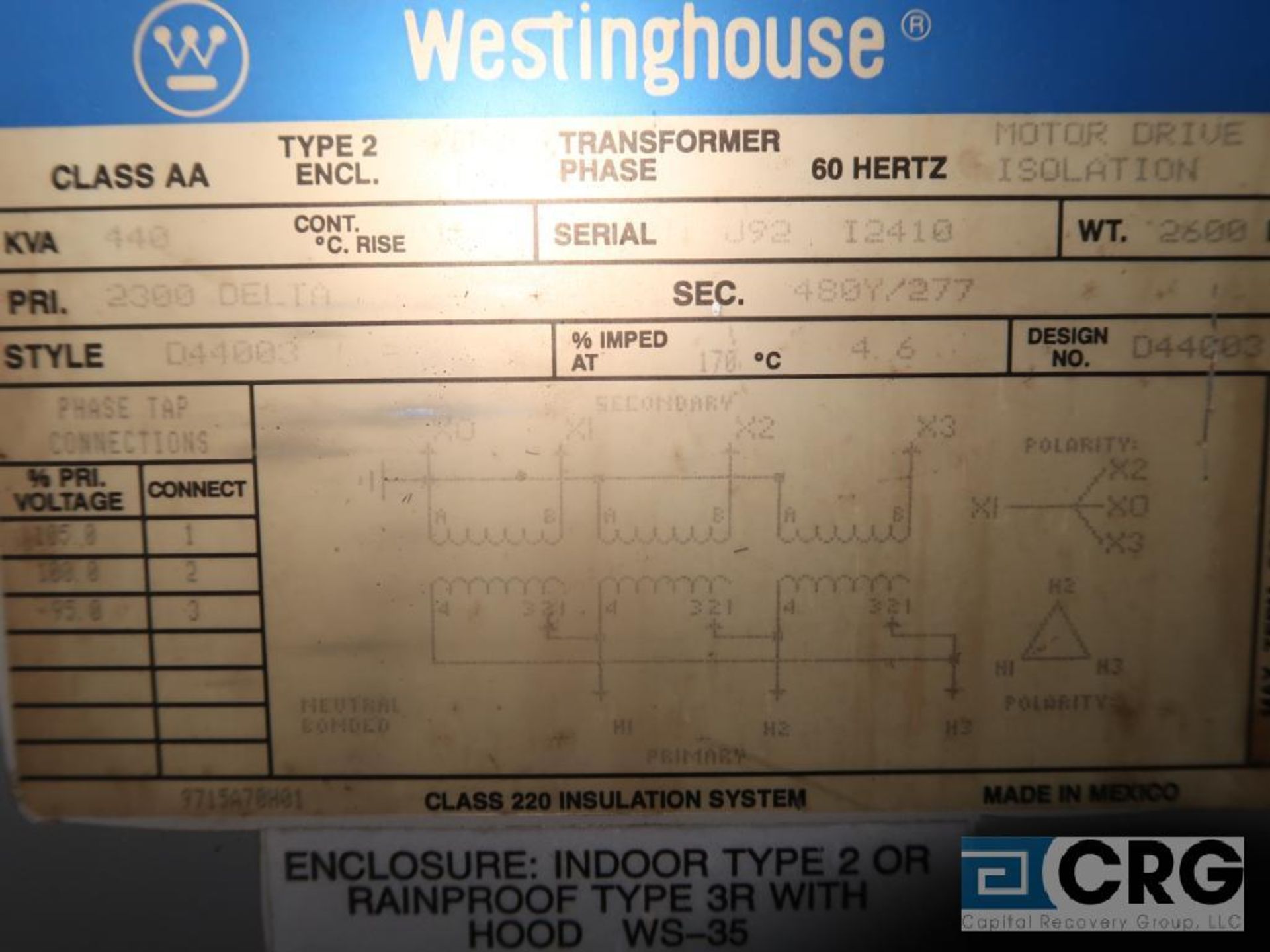 Westinghouse motor drive isolation transformer, 440 KVA, 3 ph., 2,300/480 volt, s/n 12410 (Off - Image 2 of 2