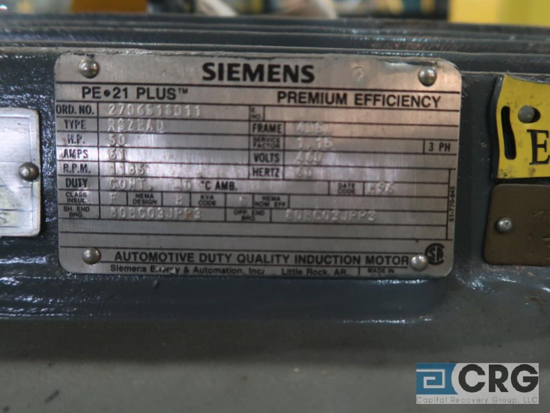 Siemens PE-21 PLUS motor, 50 HP, 1,185 RPMs, 460 volt, 3 ph., 405U frame (Finish Building) - Image 2 of 2