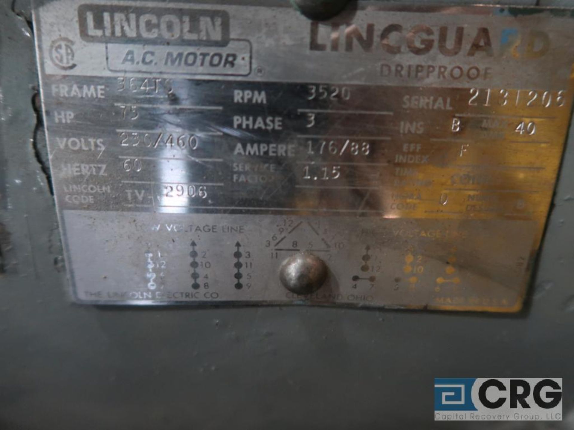 Lincoln A.C. Motors Lineguard Dripproof A.C. motor, 75 HP, 3,520 RPMs, 230/460 volt, 3 ph., 364TS - Image 2 of 2