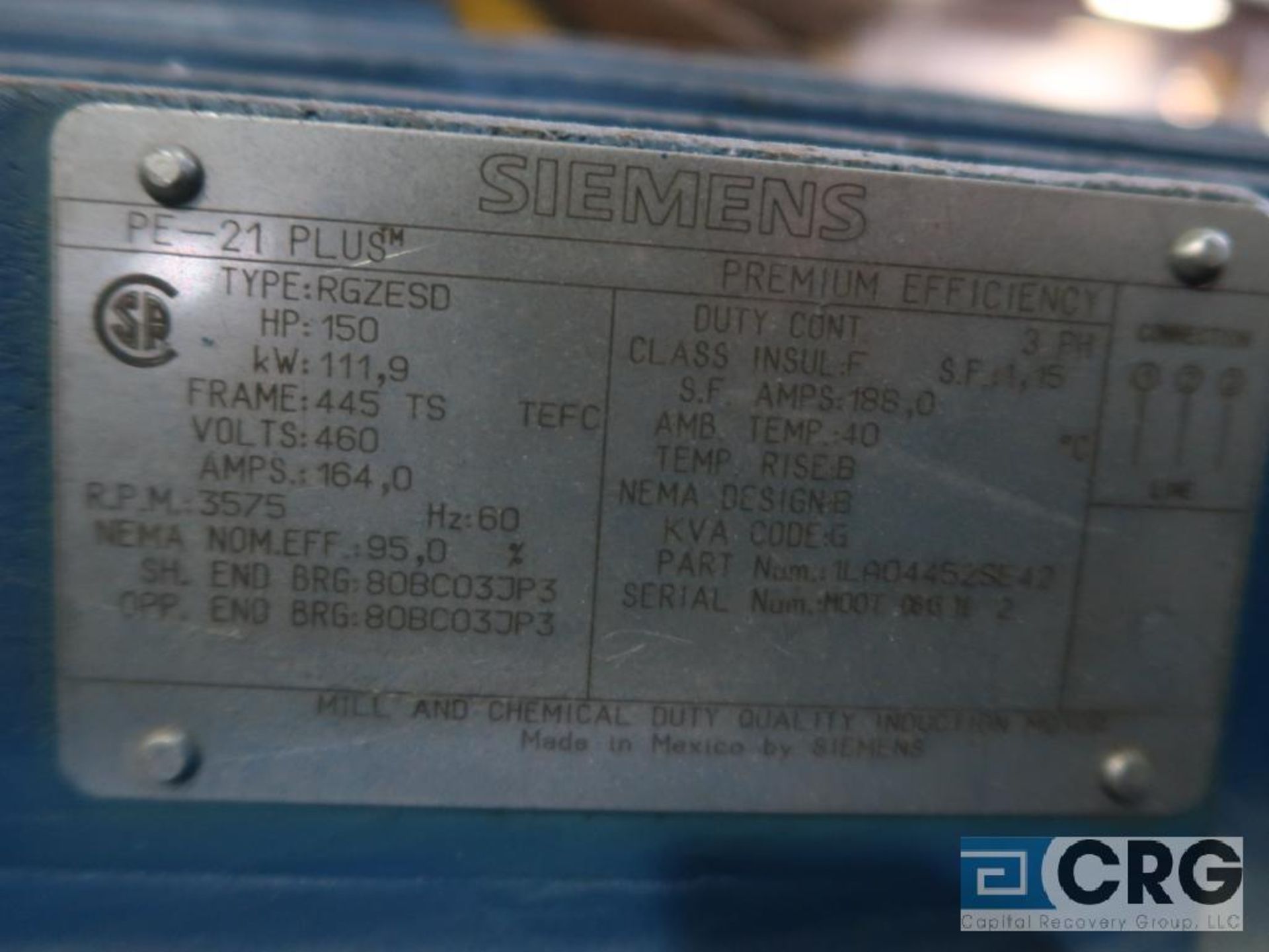 Siemens PE-21 Plus motor, 150 HP, 3,575 RPMs, 460 volt, 3 ph., 445TS frame (Finish Building) - Image 2 of 2