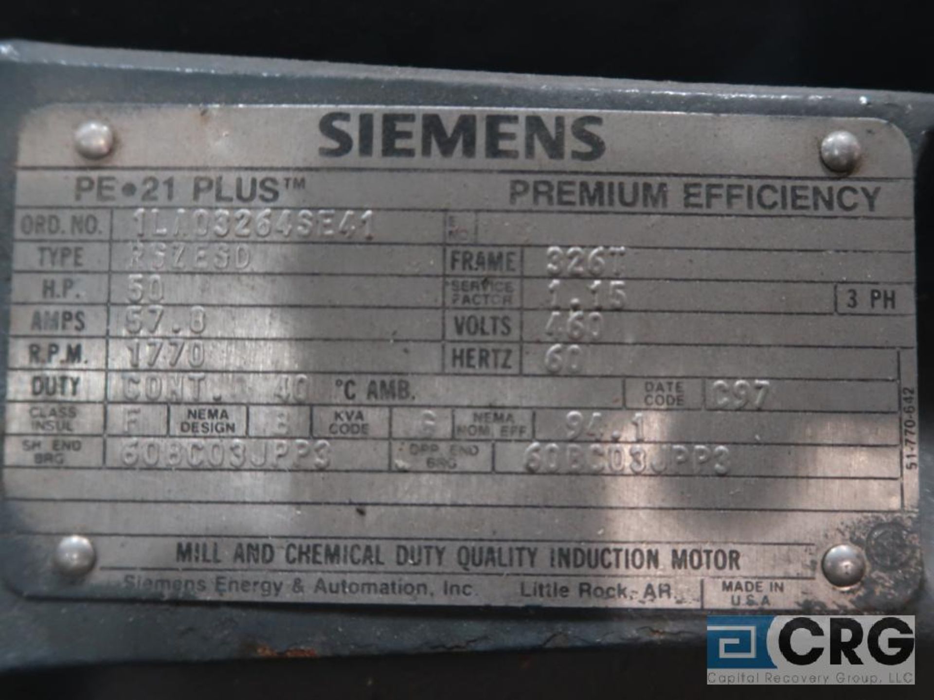 Siemens PE-21 PLUS motor, 50 HP, 1,770 RPMs, 460 volt, 3 ph., 326T frame (Finish Building) - Image 2 of 2