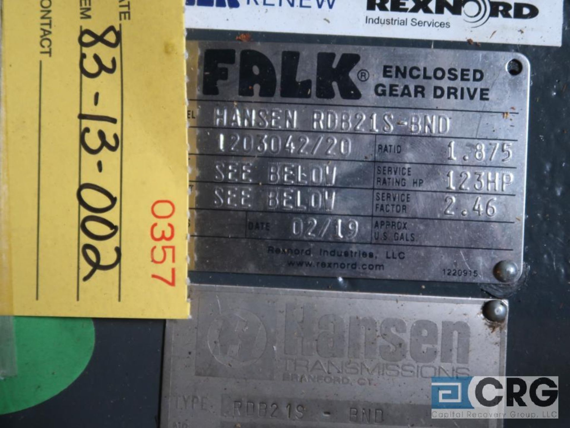 Falk/Hansen RD821S BND gear drive, ratio-1.875, RPM 1,790/143/954, service rate HP. 125 (Next Bay - Image 3 of 3