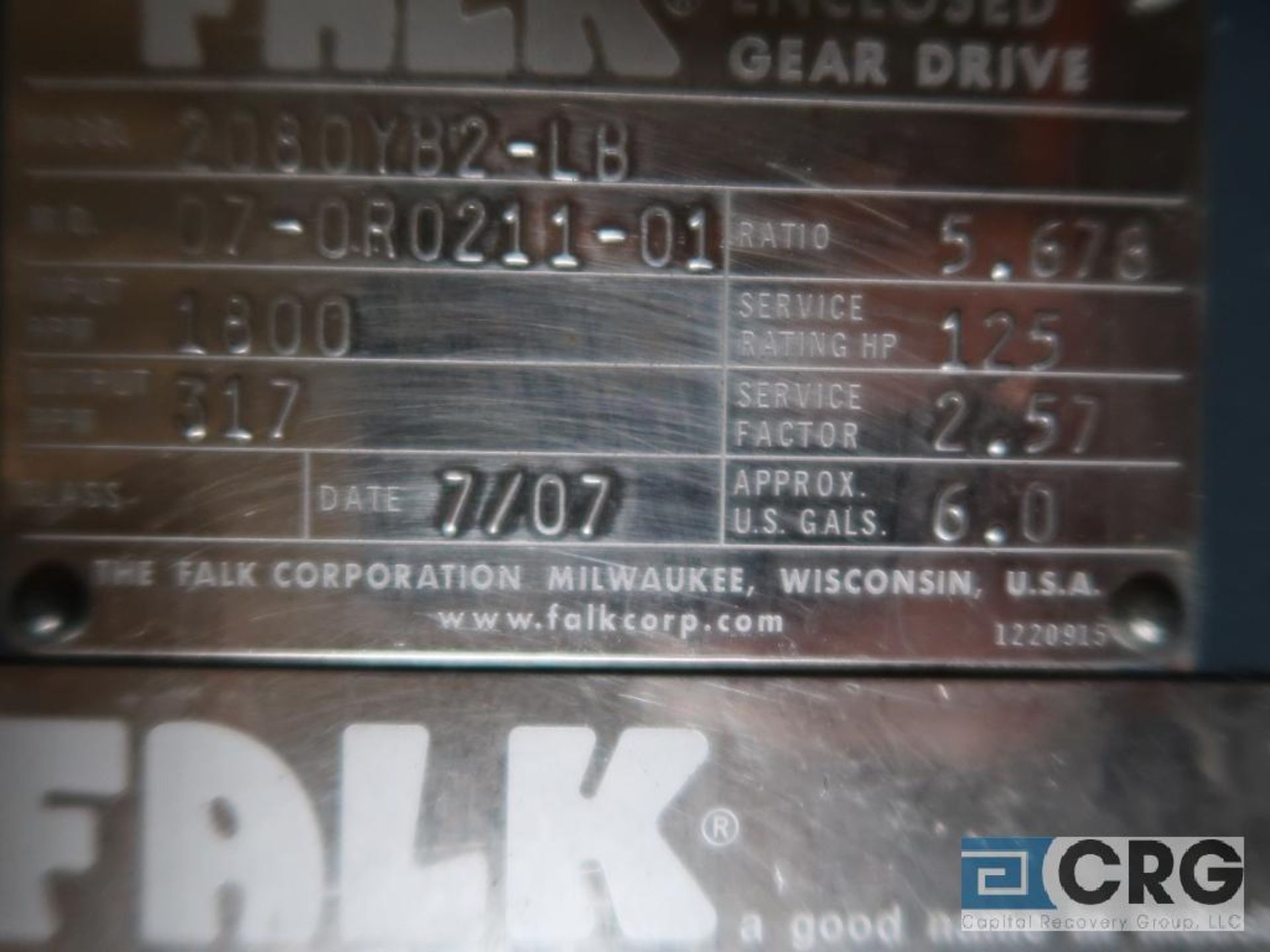 Falk 2080YB2 LB gear drive, ration-5.678, input RPM 1,800, output RPM 317, service rate HP. 125, s/n - Image 2 of 2