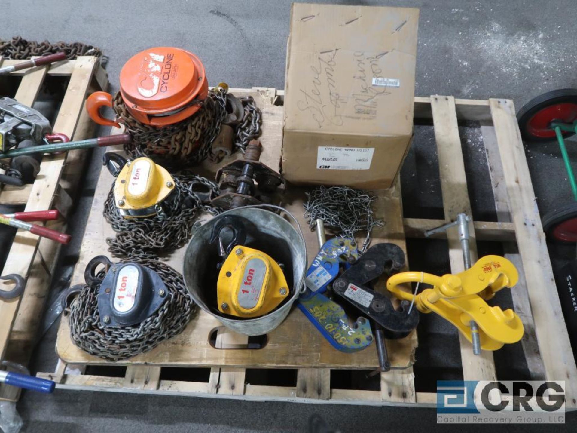 Lot of assorted items including (5) chain hoists, (9) assorted come-a-longs, (3) clamps, and banding