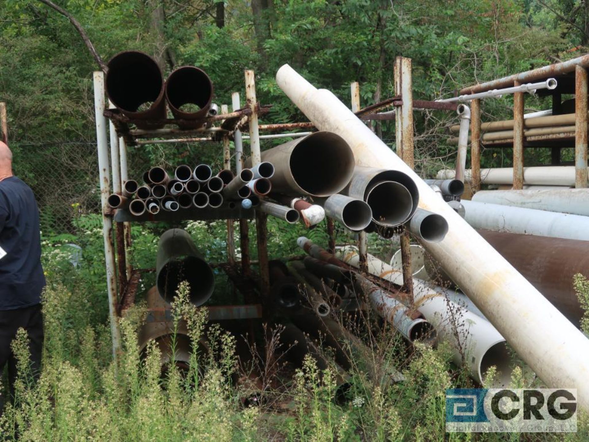 Lot of assorted pipe including steel, stainless, ABS, and PVC on racks, includes racks (Laydown - Image 2 of 4