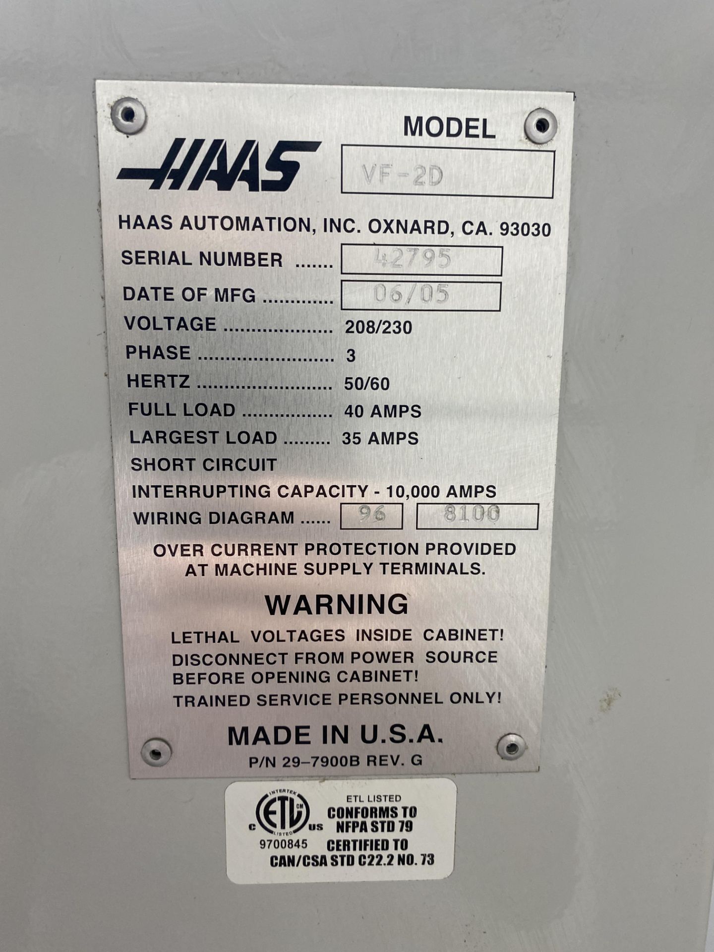 Haas 2005 VF-2D 20 HP CNC Machine, SN: 42795 with 14" x 36" T-Slot Table - Image 4 of 4