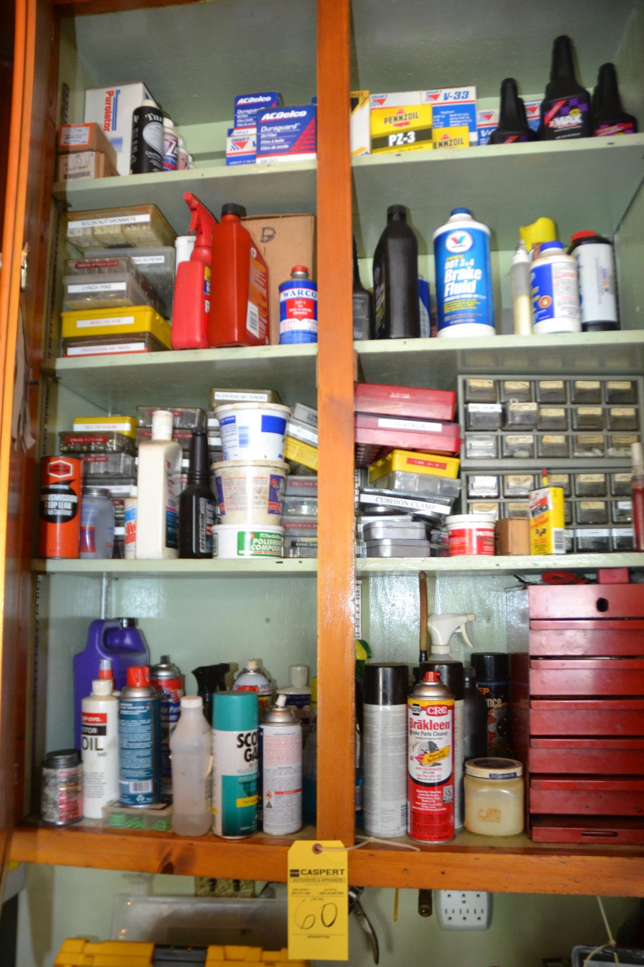 Lot - Fluids, Small Metal Cabinets and Assorted Parts