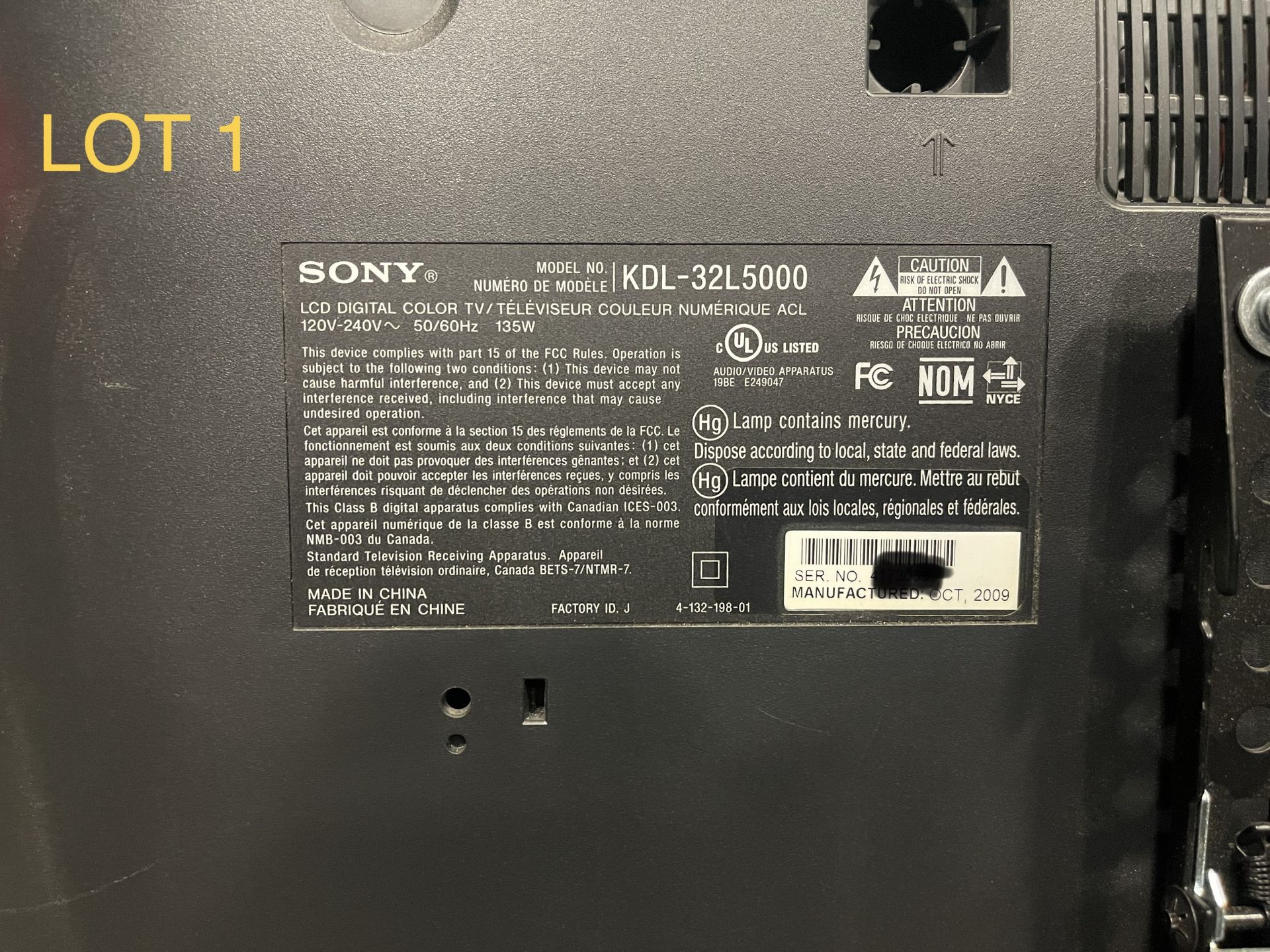 Sony Monitor, M: KDL32L5000, SN: 4173071, 4173070, 8139487 - Image 3 of 5