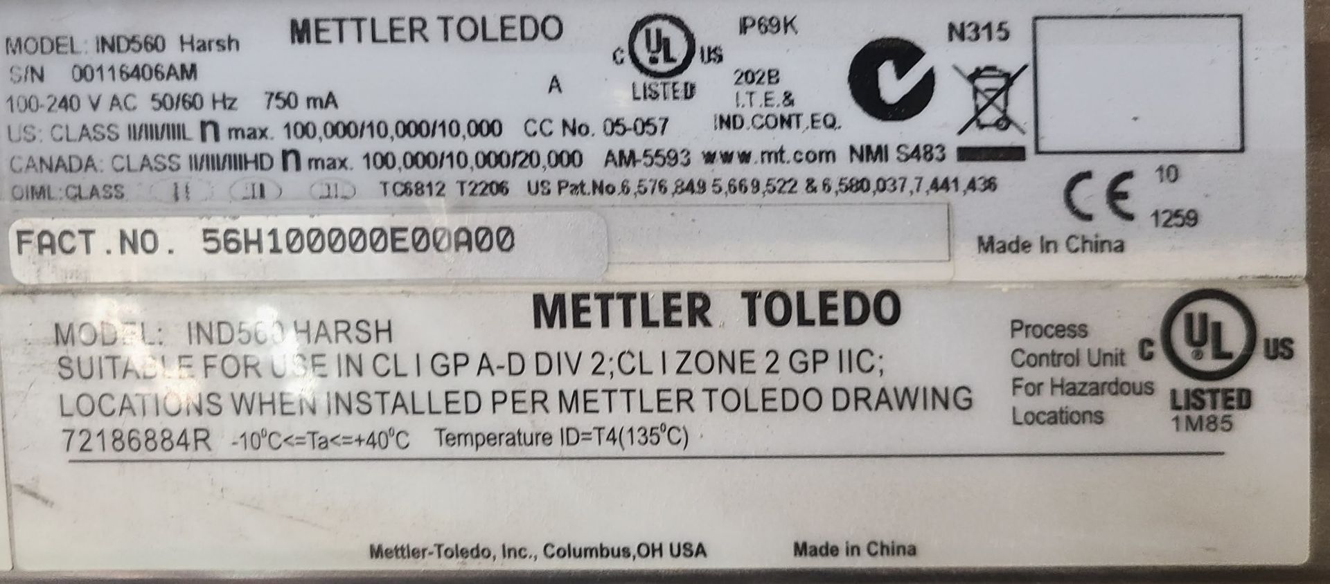 (2) METLER TOLEDO WEIGHING TERMINAL: M-IND 560 HARSH 100-240 VAC 50/60 HZ 750MA-- (432 COUNCIL DRIVE - Image 2 of 2