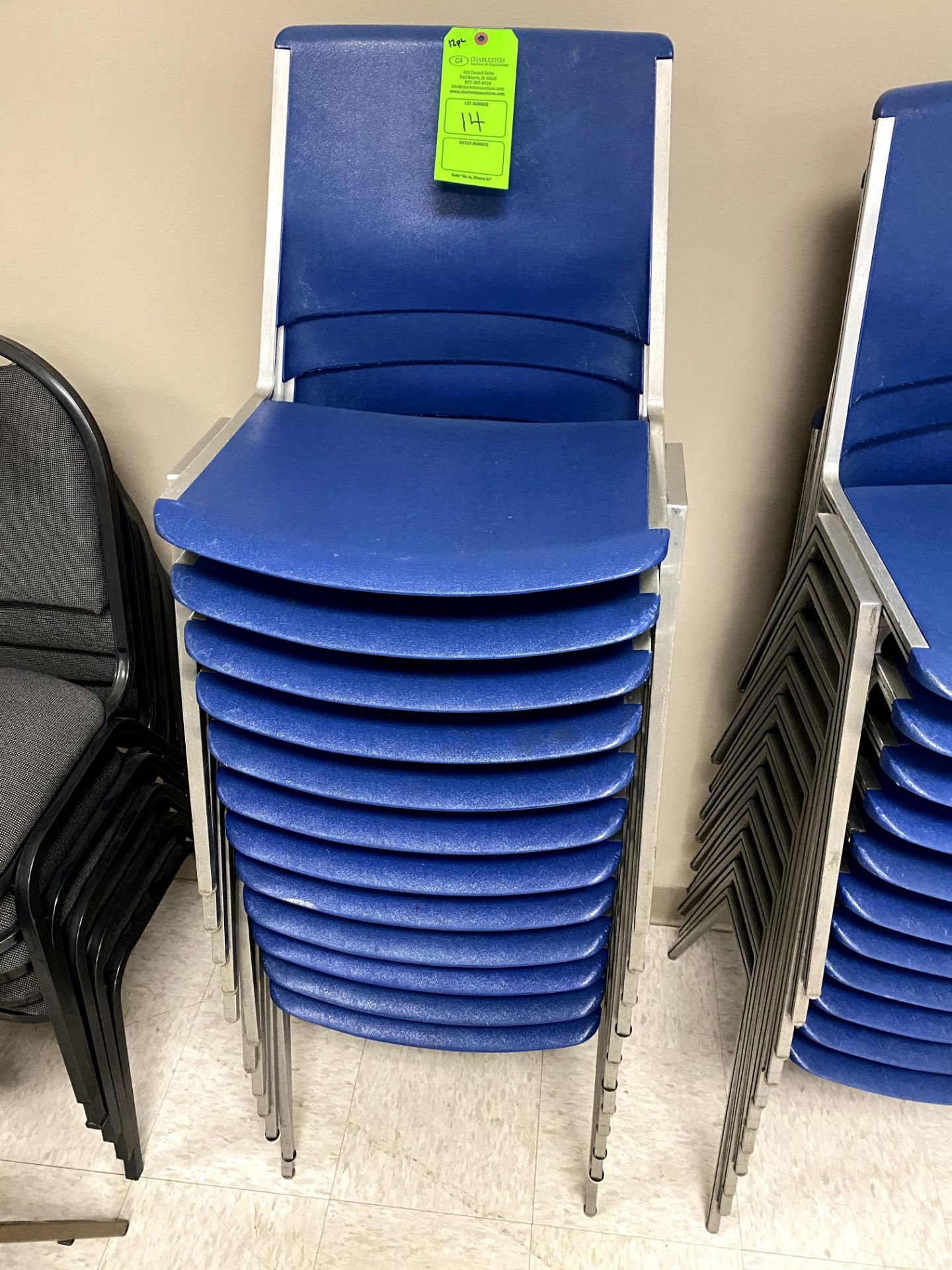 (12) BLUE ALUMINUM STACKABLE CHIAIR(S) WITH PLASTIC SEAT & BACK -- (7625 OMNITECH PLACE VICTOR NEW