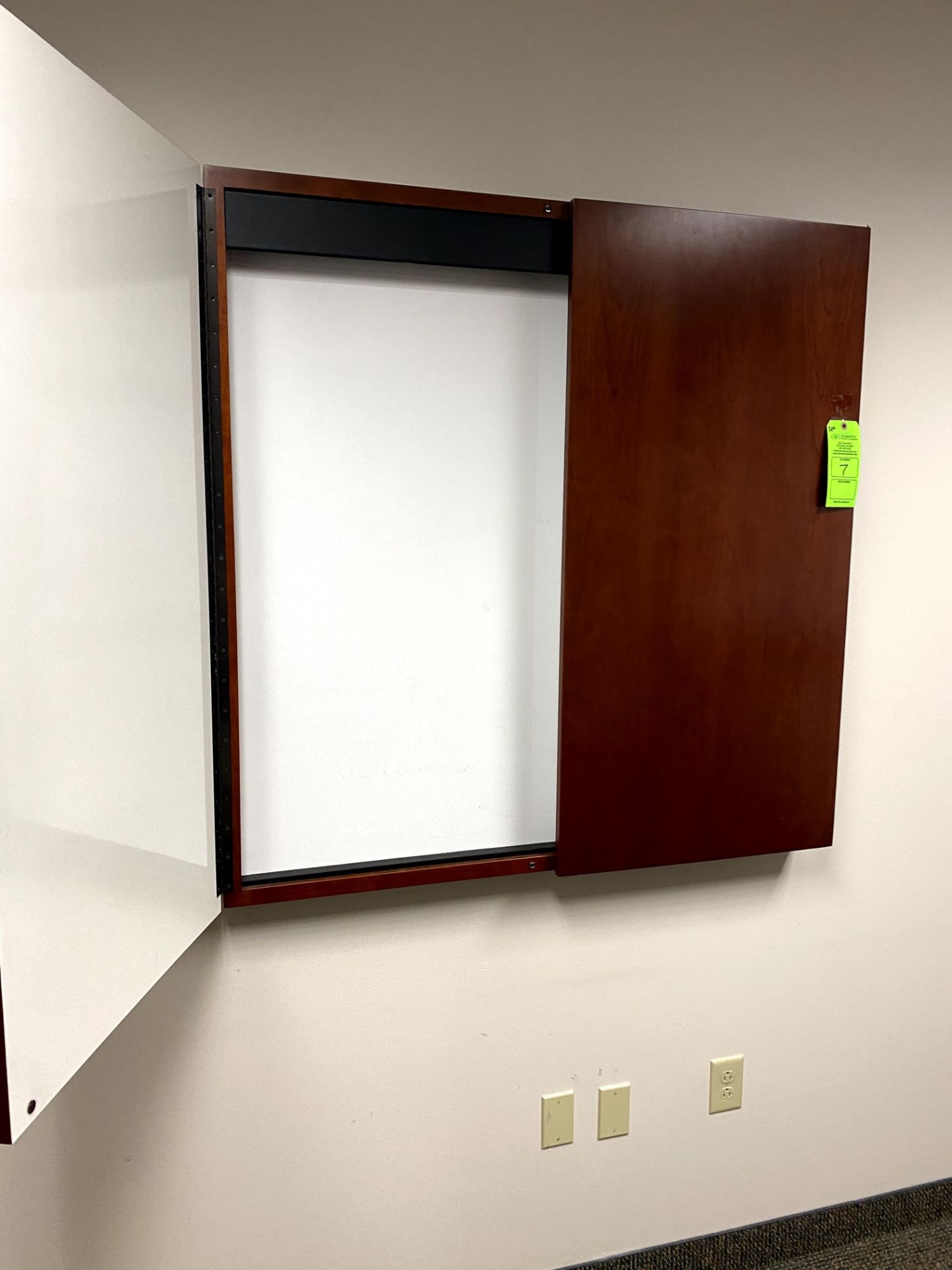 (2) CHERRY WOOD WALL MOUNTED DRY ERASE BOARD(S) - 1 WITH PULL DOWN SCREEN -- (7625 OMNITECH PLACE