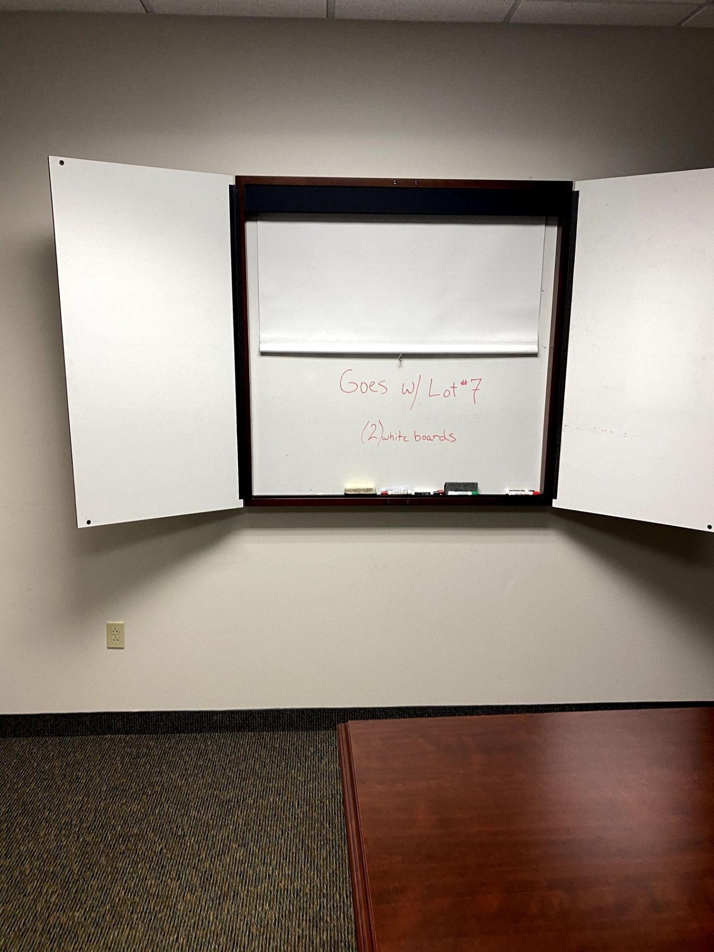 (2) CHERRY WOOD WALL MOUNTED DRY ERASE BOARD(S) - 1 WITH PULL DOWN SCREEN -- (7625 OMNITECH PLACE - Image 2 of 3