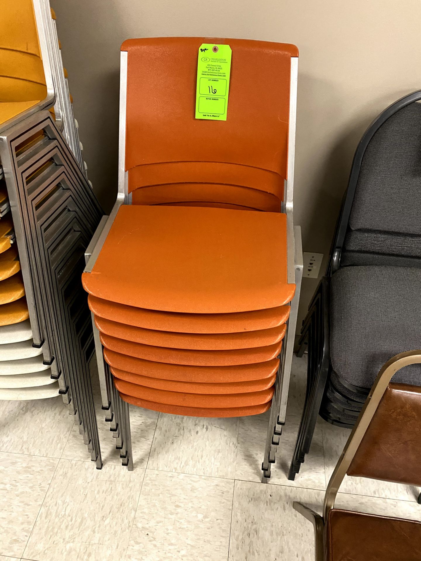 (8) ORANGE ALUMINUM STACKABLE CHIAIR(S) WITH PLASTIC SEAT & BACK -- (7625 OMNITECH PLACE VICTOR