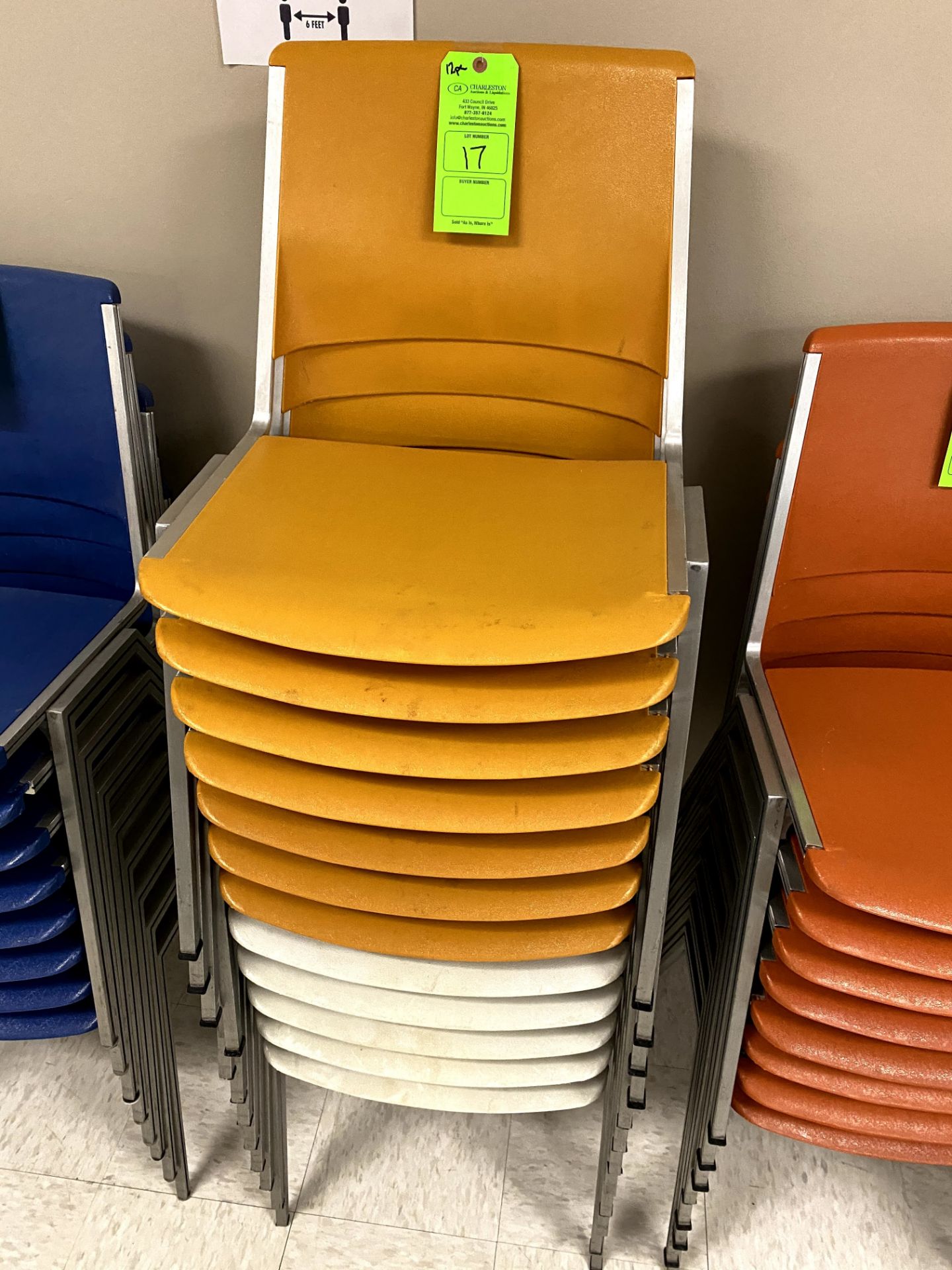 (12) YELLOW ALUMINUM STACKABLE CHAIR(S) WITH PLASTIC SEAT & BACK -- (7625 OMNITECH PLACE VICTOR