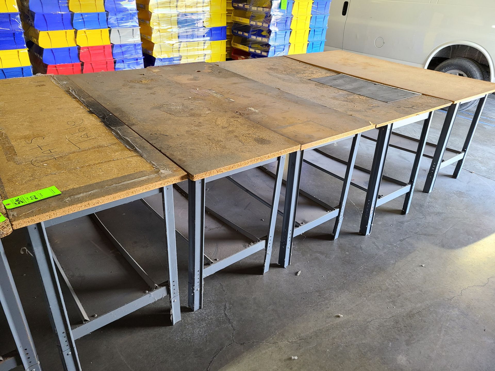 (5) STEEL TABLES WITH PARTICLE BOARD TOP 6'X2'