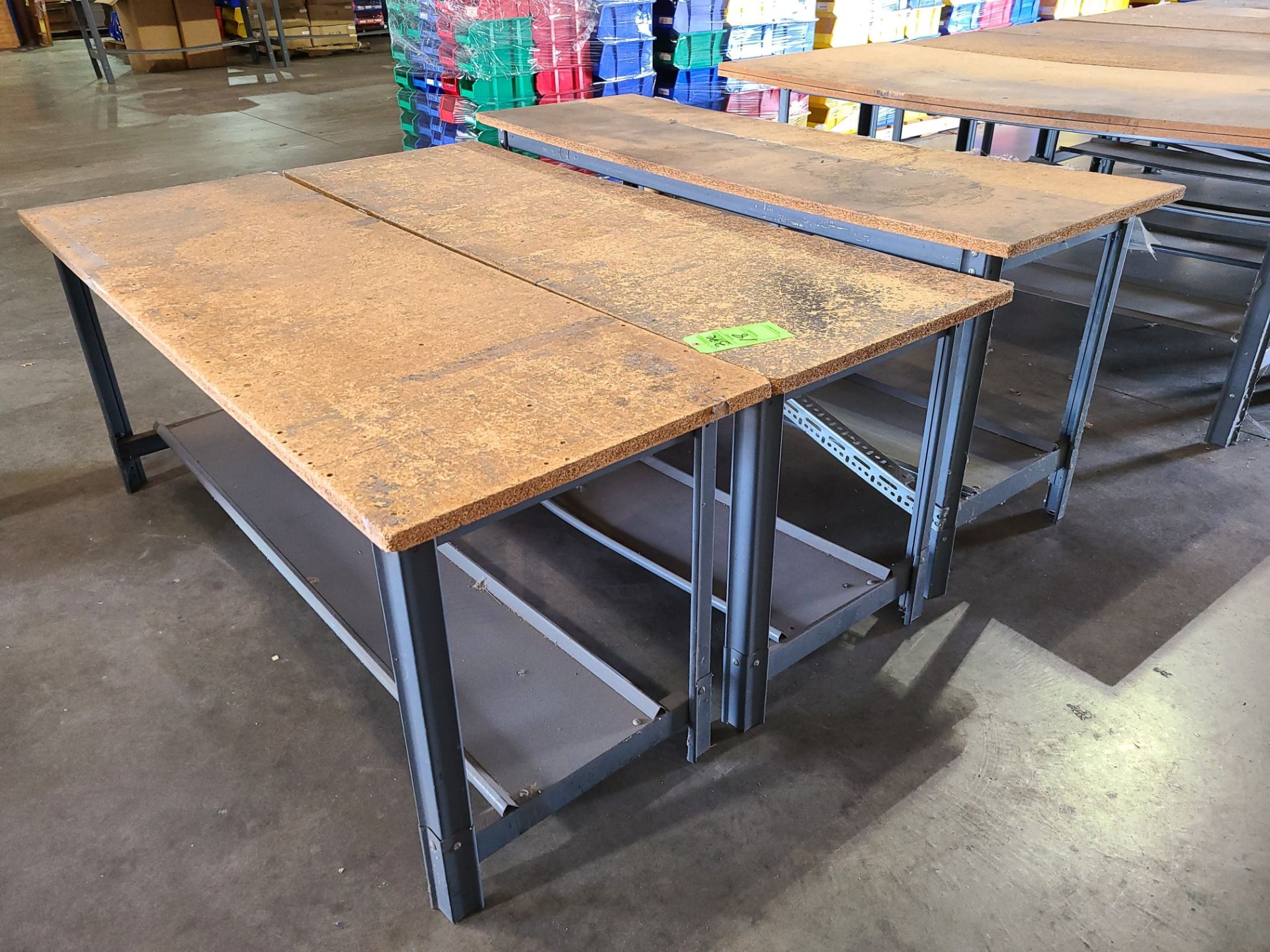 (3) STEEL TABLES WITH PARTICLE BOARD TOP 6'X2'