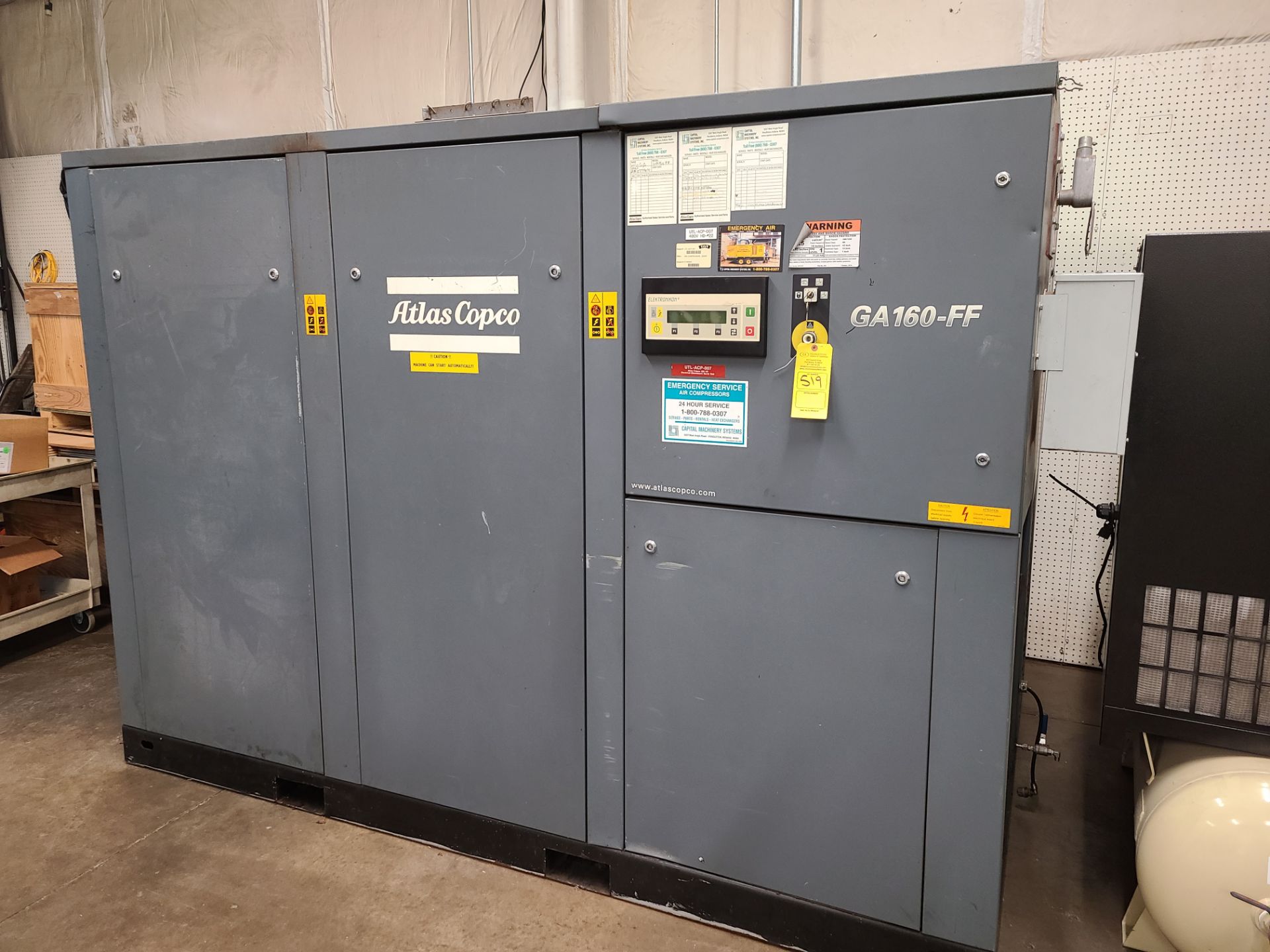 2002 ATLAS COPCO ROTARY SCREW COMPRESSOR MODEL: GA160-FF; 200 HP' SERIAL NUMBER AF-077904