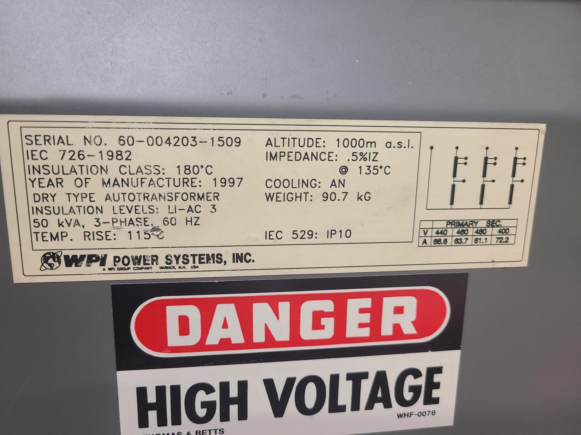 WPI POWER SYSTEMS DRY TYPE TRANSFORMER 50 KVA 3PH 60 HZ - Image 3 of 3