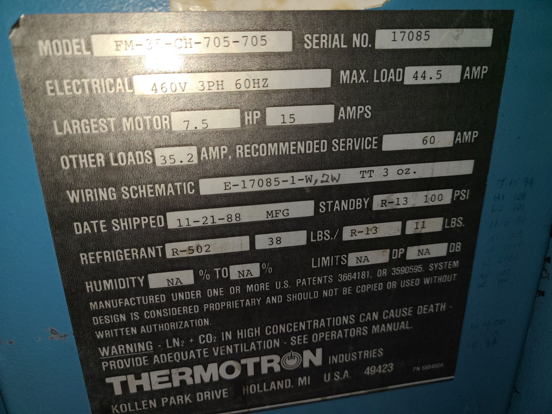 THERMOTRON ENVIRONMENTAL CHAMBER MODEL FM-35-CH-705-705 SERIAL NUMBER 17085 - Image 5 of 5