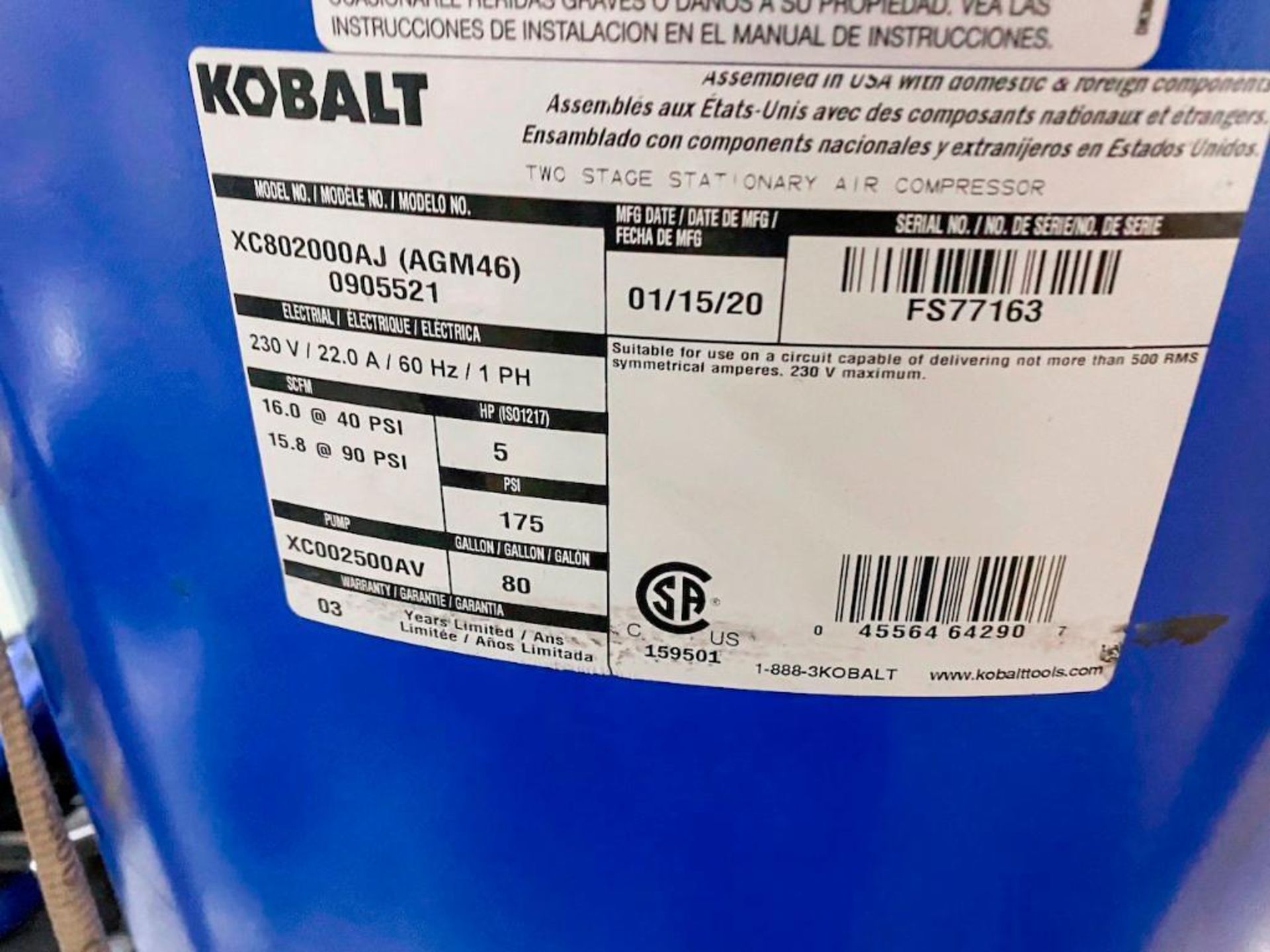 Kobalt Air Compressor 80 gal - Image 2 of 3