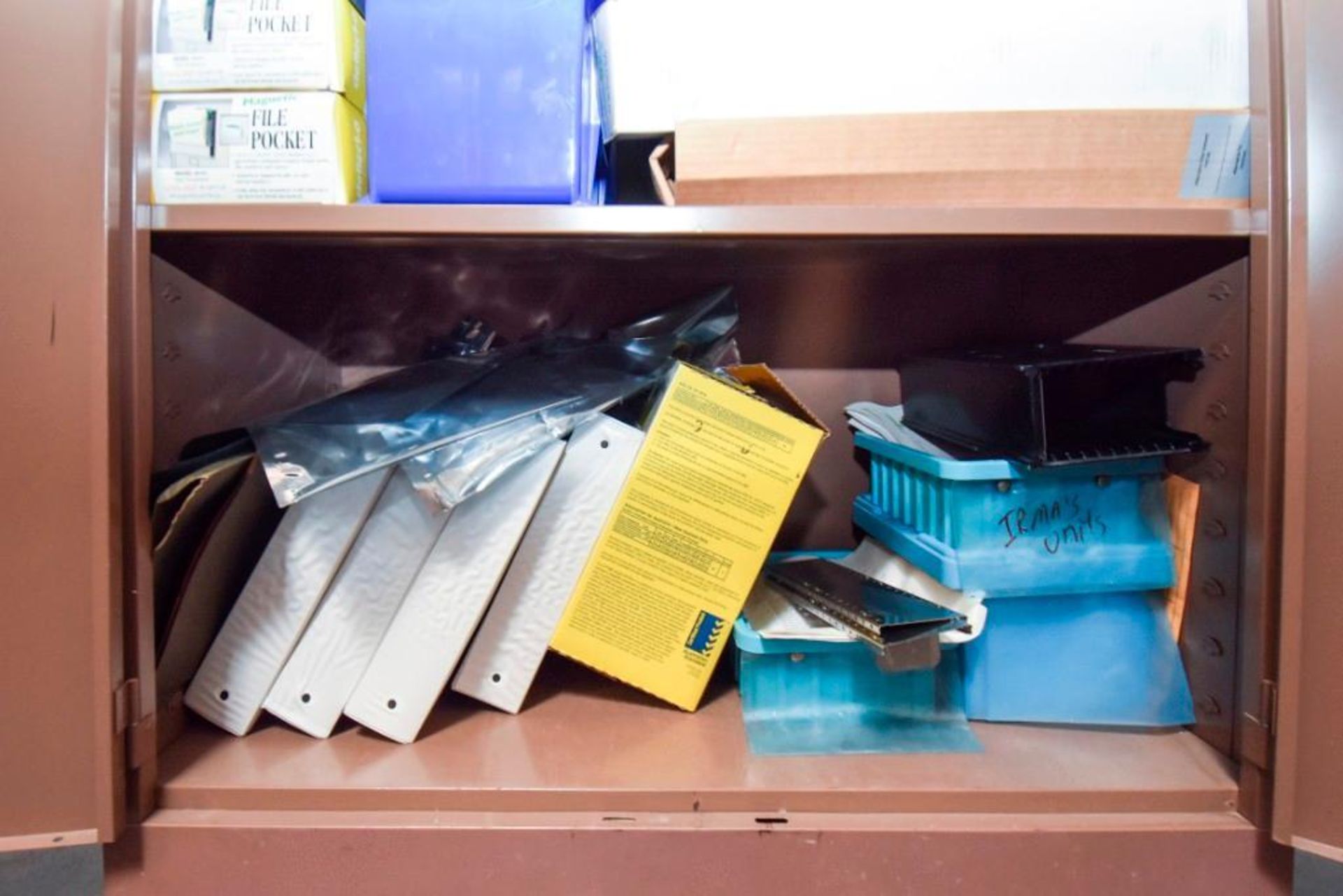 Parkwood Cabinet contains assorted office supplies, earplugs, and program manuals. - Image 6 of 6