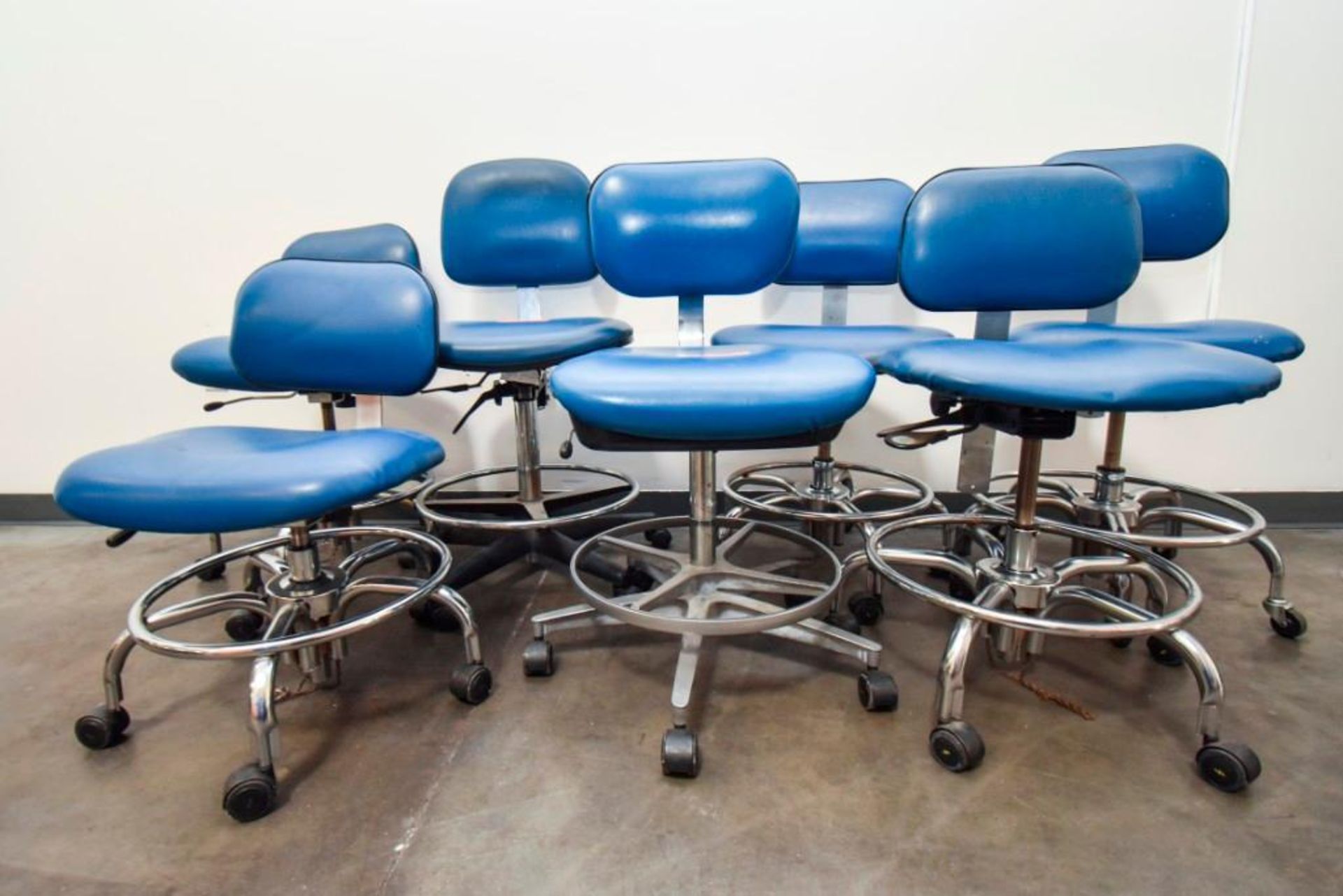 7 Bio Fit Blue Leather Lab Chairs With HEPA Filters Bottoms With Wheels - Image 2 of 2