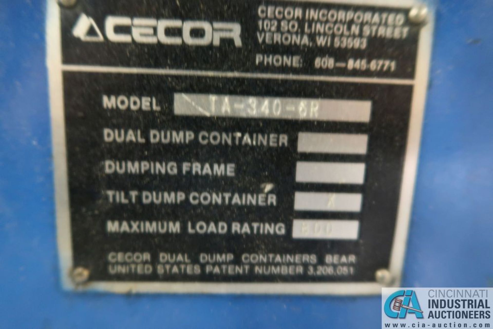 800 LB. CAPACITY CECOR MODEL TA-340-6R PORTABLE STEEL DUMP HOPPER, 40 CUBIC FEET - Image 2 of 2