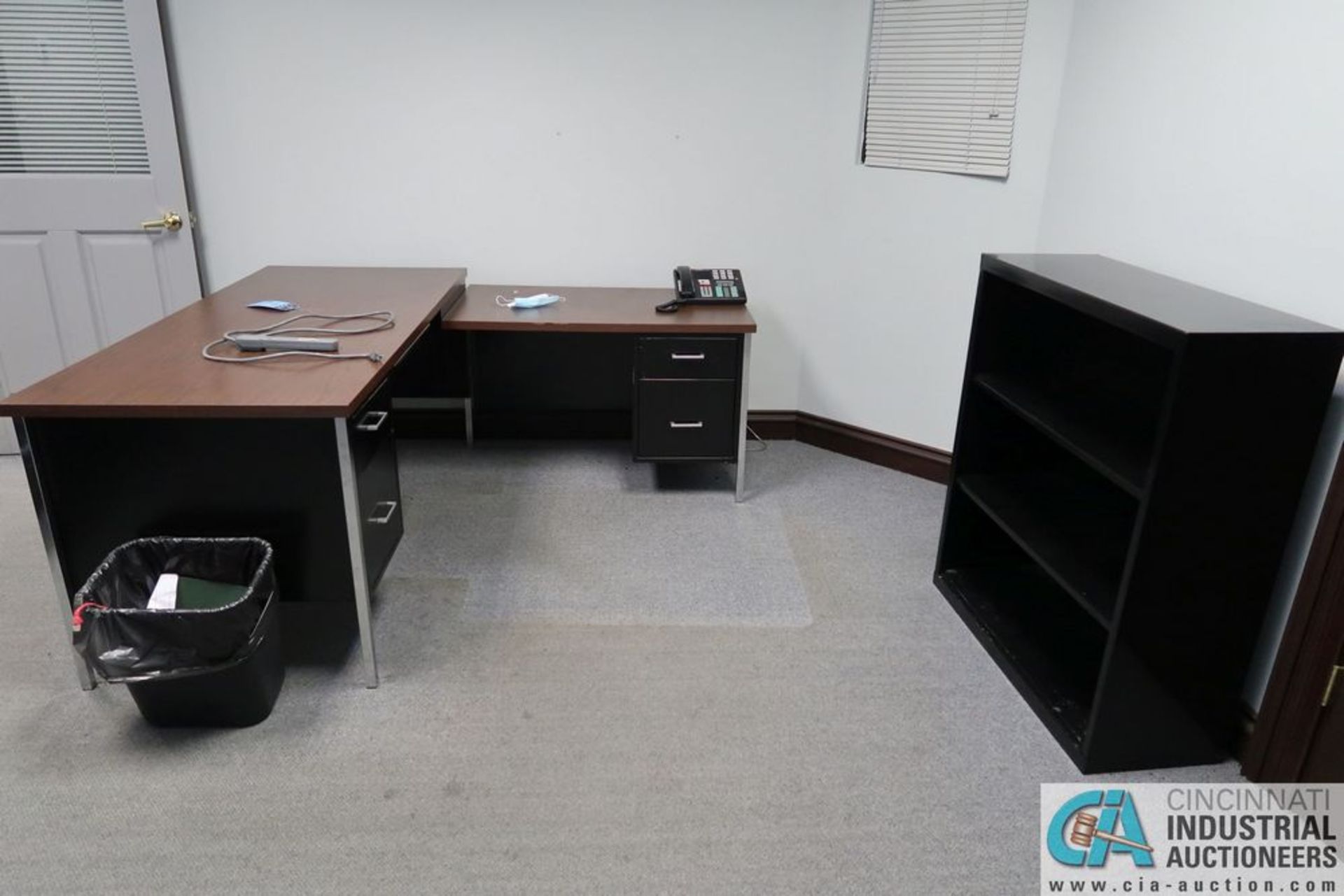 CONTENTS OF OFFICE INCLUDING L-SHAPED DESK, CRADENZA, BOOKCASE AND (2) TABLES