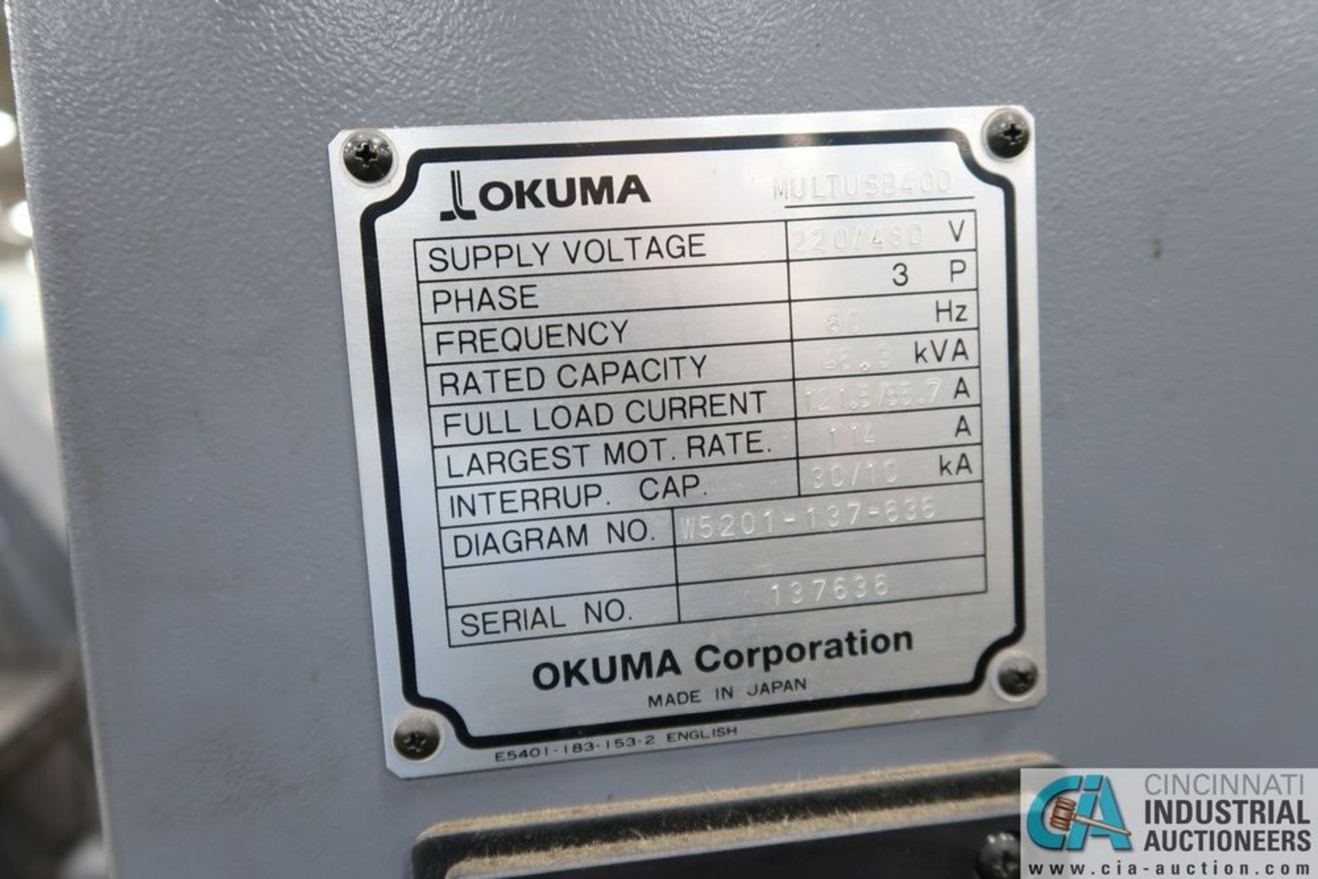 OKUMA MODEL MULTUS B400-W CNC TURNING CENTER; S/N 137636 **Loading Fee Due the "ERRA" R&R Machiner - Image 7 of 19