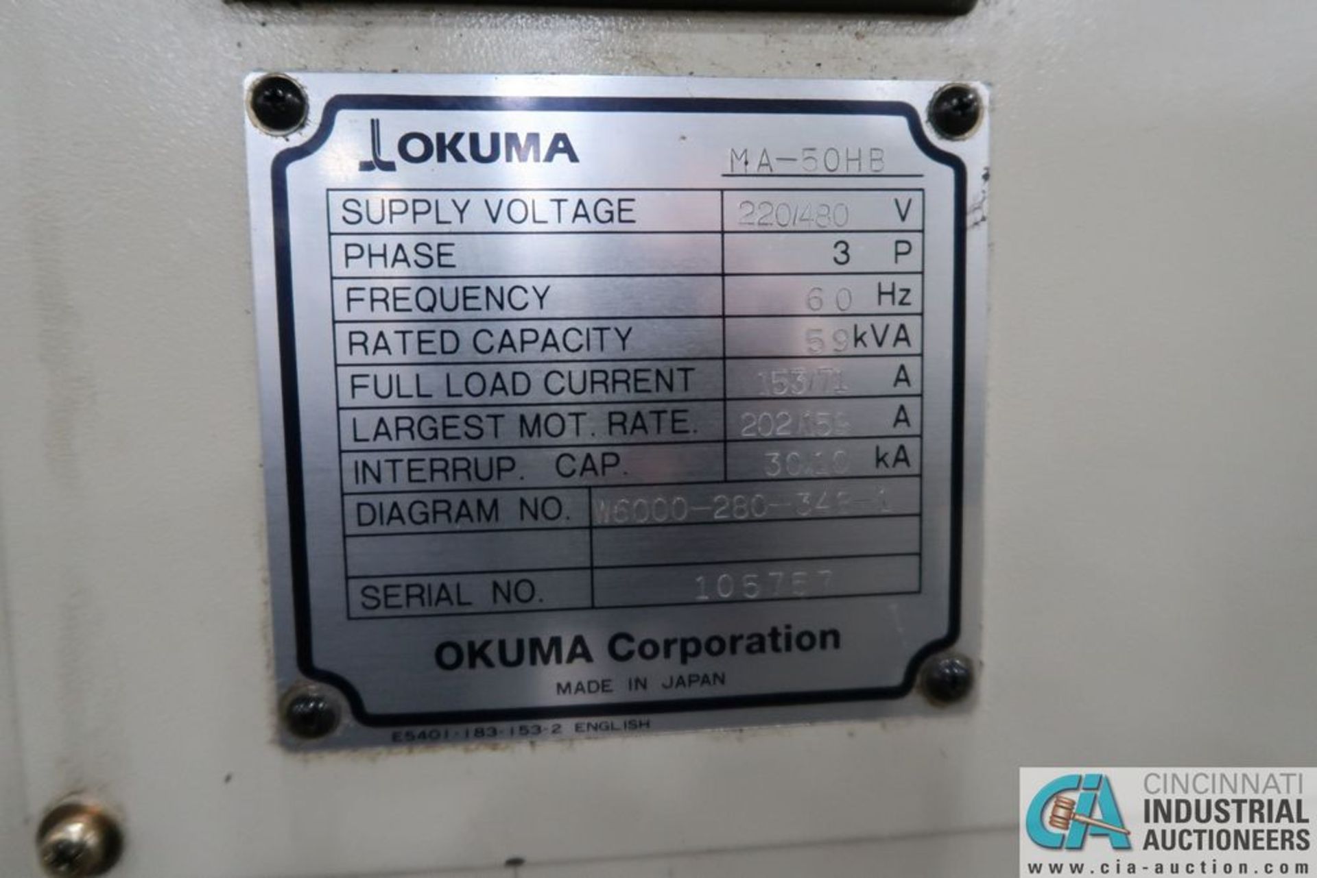 OKUMA MA-50HB CNC HORIZONTAL MACHINING CENTER; S/N 105575, **Loading Fee Due the "ERRA" R&R - Image 5 of 20