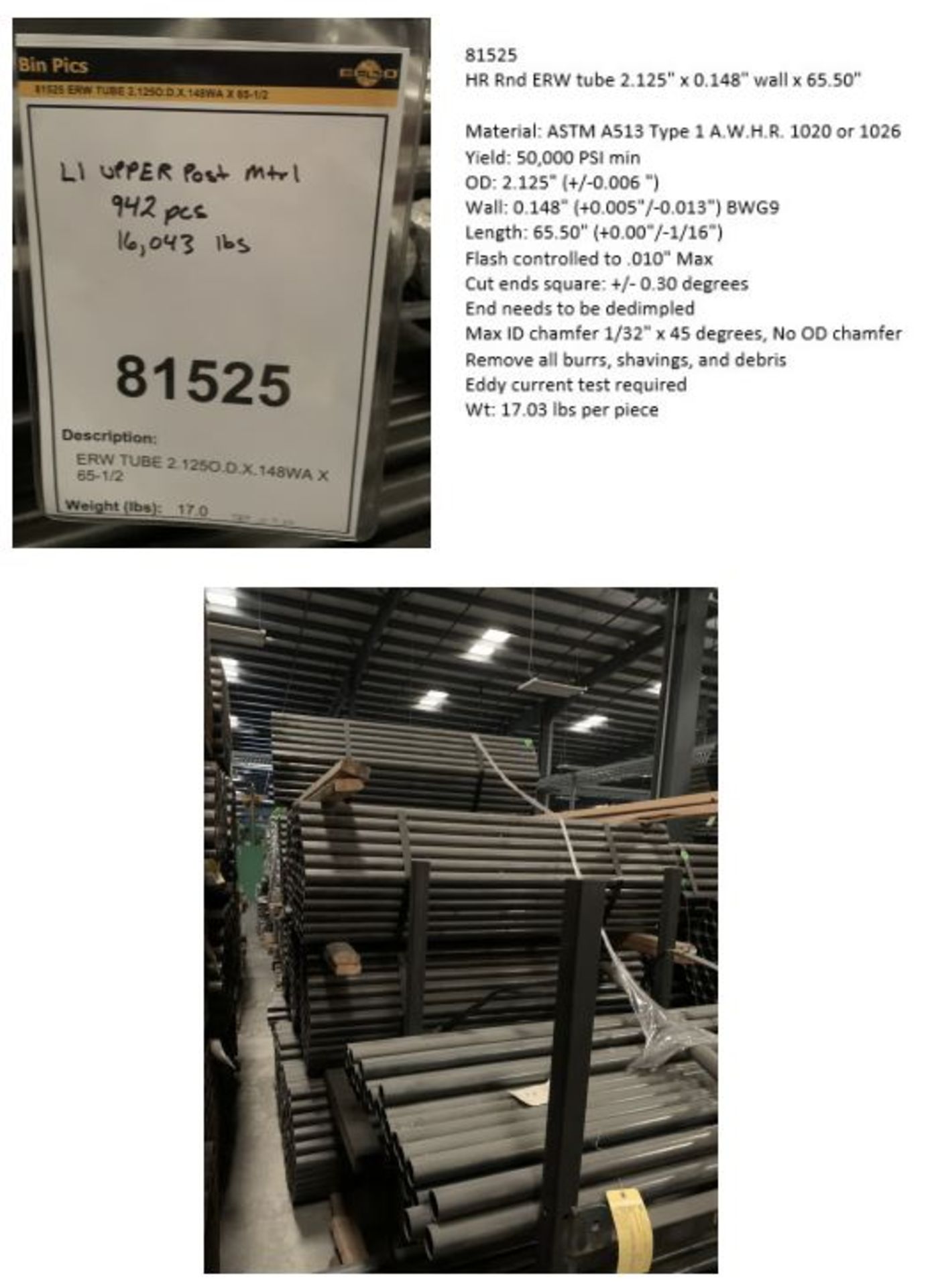 (LOT) APPROX. 16,043 LBS. 2.125" X .148" X 65.5" STEEL TUBE (942) PCS**Subject to Bid Confirmation** - Image 2 of 4