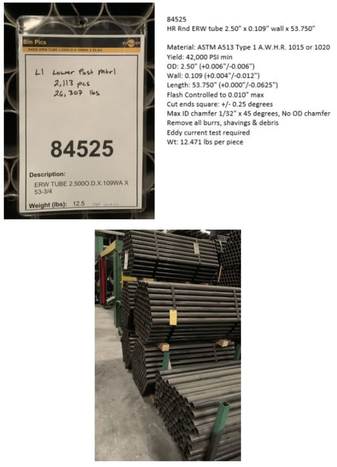 (LOT) APPROX. 26,307 LBS. 2.5" X .109" X 53.75" ROUND TUBE (2,113) PCS**Subject to Bid Confirmation* - Image 2 of 3