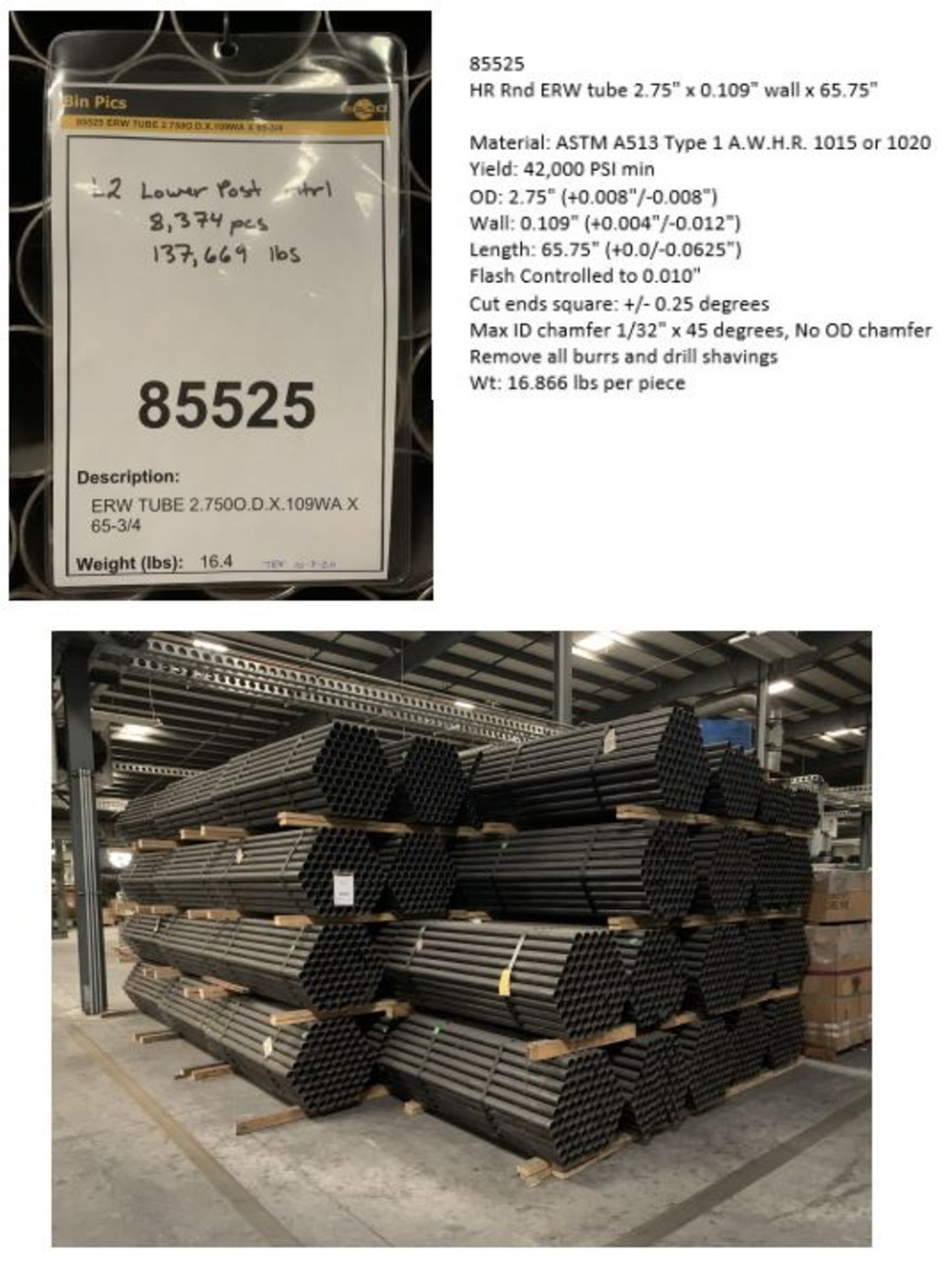 (LOT) APPROX. 137,669 LBS. 2.75" X .109" X 65.75" ROUND TUBE (8,374) PCS*Subject to Bid Confirmation - Image 2 of 5